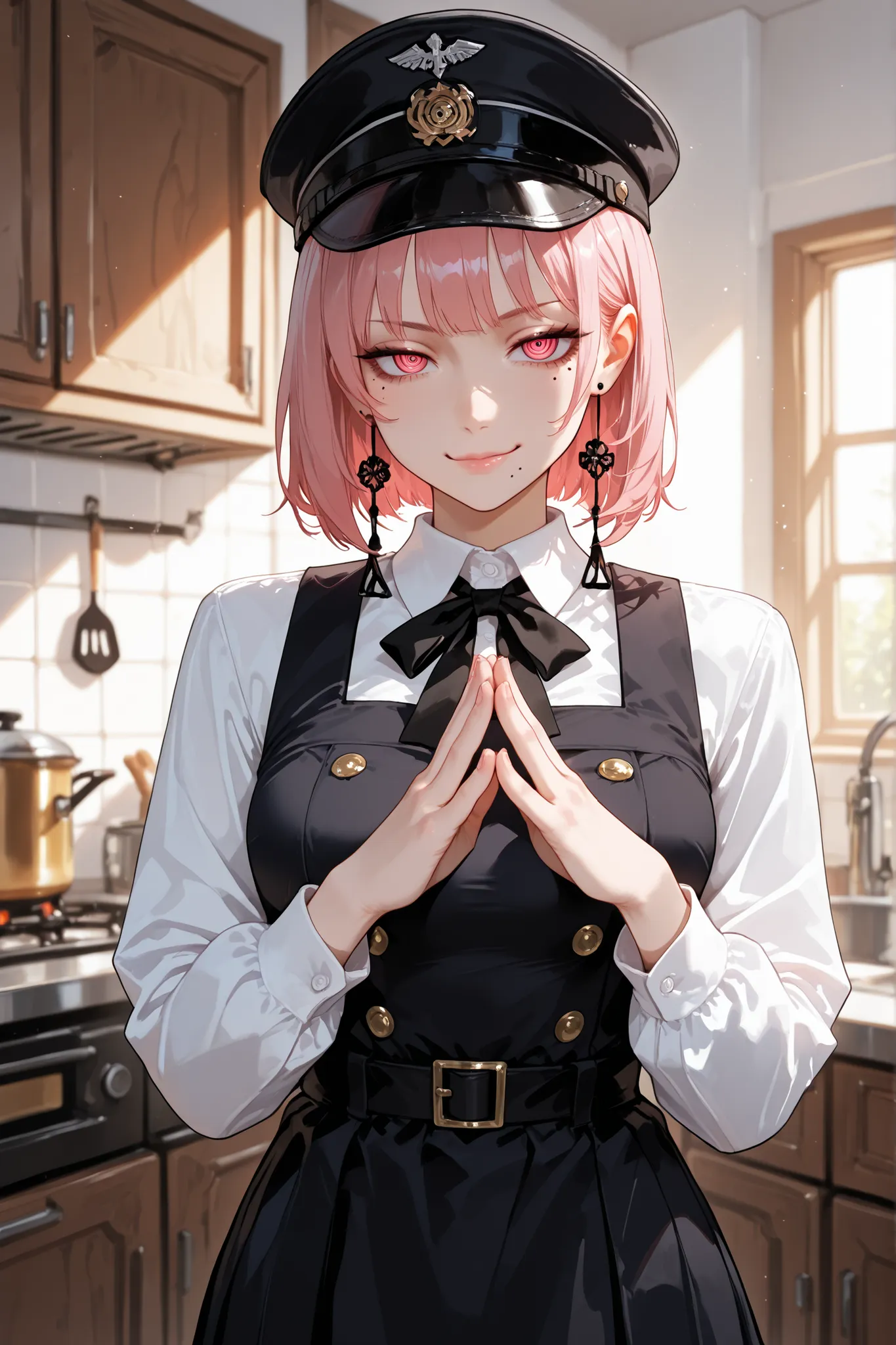 1girl, Fami, multiple moles, mole under eye, mole under mouth, pink hair, pink eyes, ringed eyes, military hat, school uniform, black dress, pinafore dress, long dress, white shirt, black ribbon, neck ribbon, long sleeves, tassel earrings, home, in the kit...