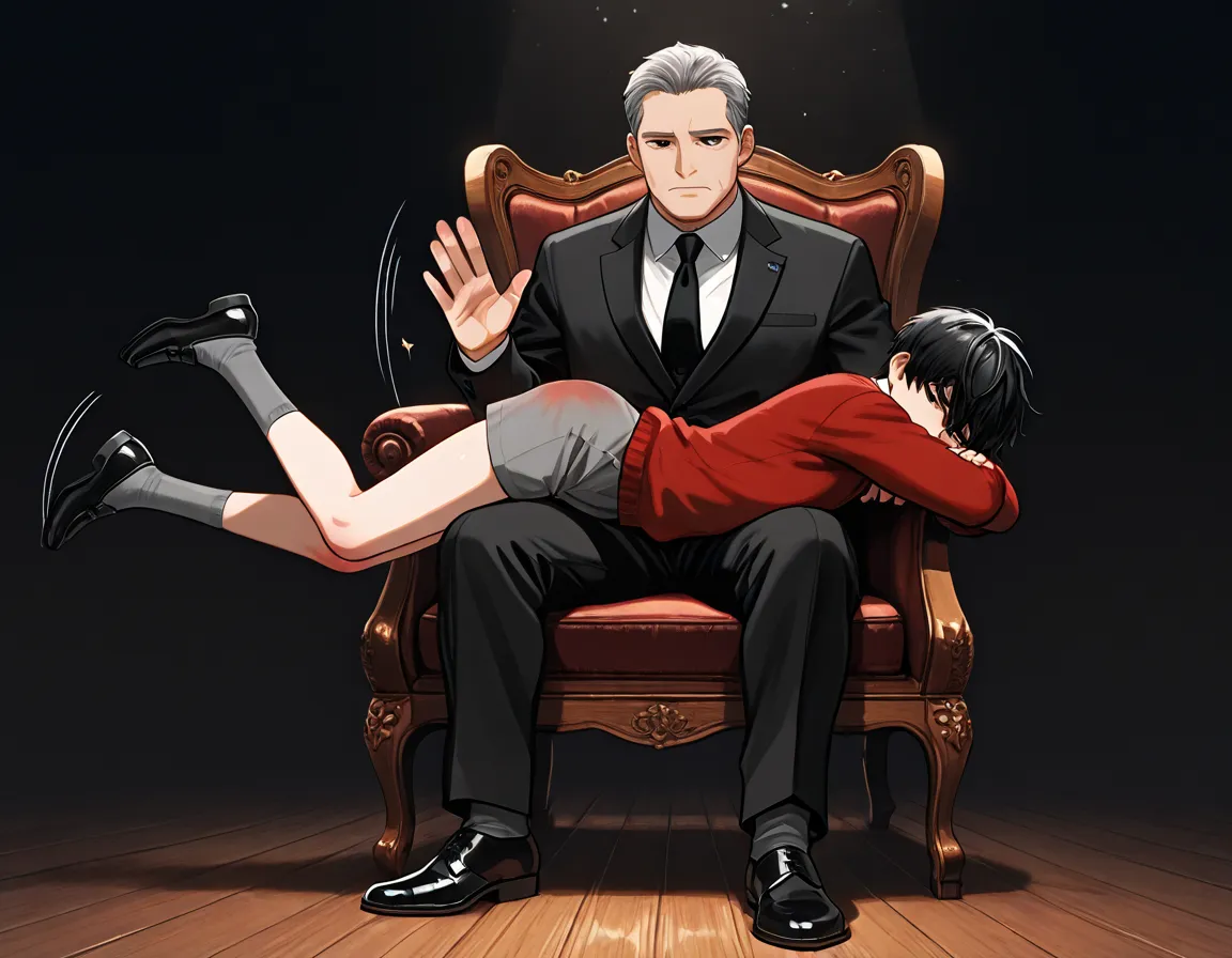 A 15-old-year boy laying on tummy on the lap of an 40-year-old adult man sitting on a wooden chair. The boy is wearing a red school sweater, white formal shirt, tight dark gray school shorts, gray school knee socks, black school shoes, black short hair, light skin, black eyes, tears, legs and hands down, nice butt. The adult man wearing a black formal suit. The dark bedroom. ((boy laying on tummy pose, spanking, lines, spanking lines, otk)). Masterpiece, detailed, well-defined, high-qualit, cinematic, cinematic lighting,
