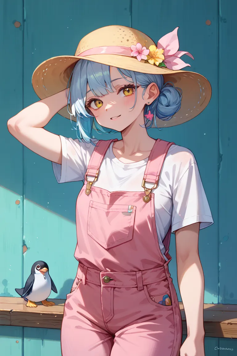 One round, deformed penguin、wearing pink overalls、 She's wearing a yellow hat 