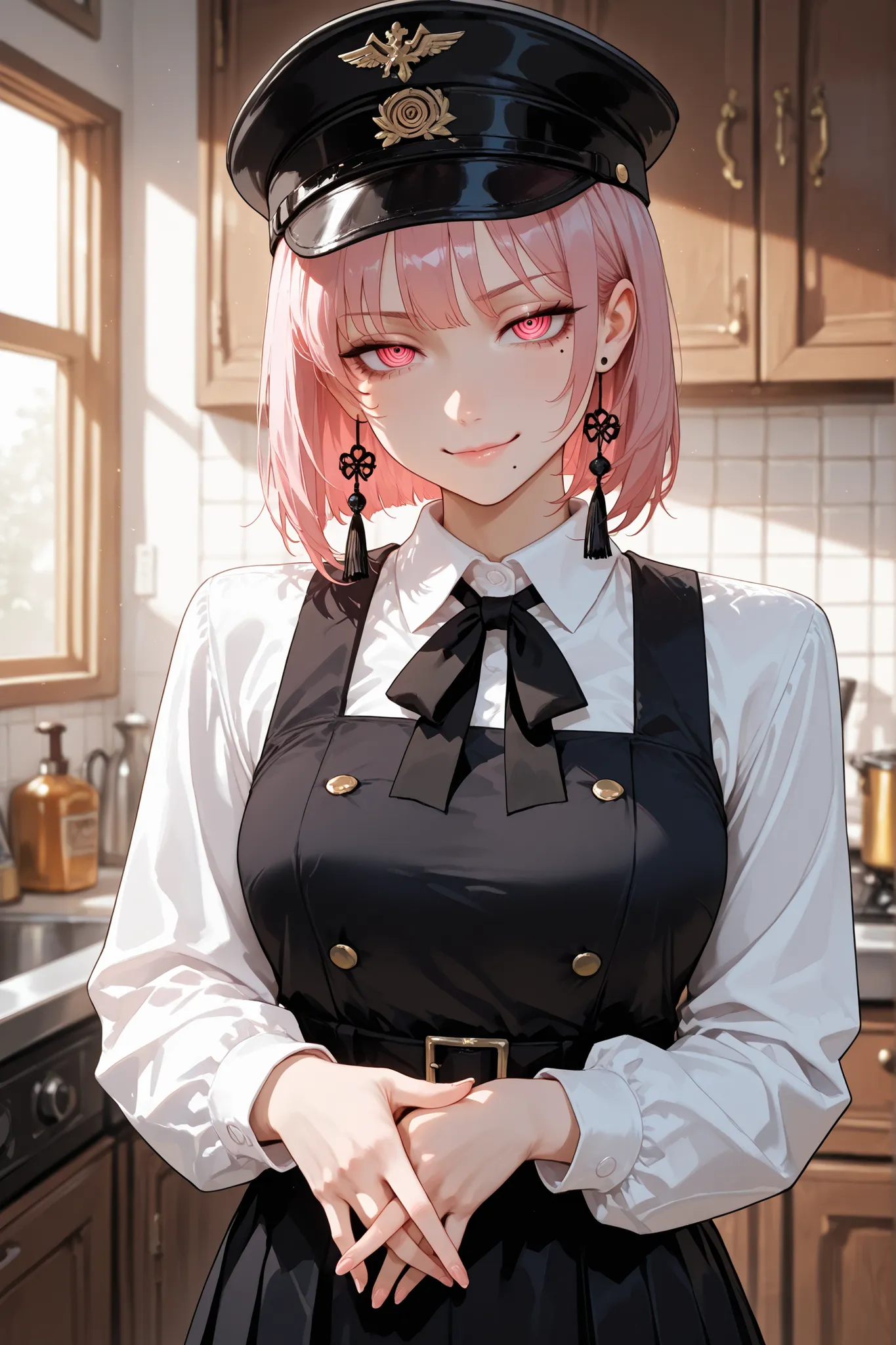 1girl, Fami, multiple moles, mole under eye, mole under mouth, pink hair, pink eyes, ringed eyes, military hat, school uniform, black dress, pinafore dress, long dress, white shirt, black ribbon, neck ribbon, long sleeves, tassel earrings, home, in the kit...