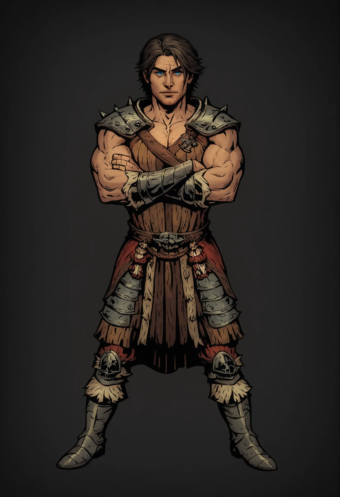Man. Travor Belmont art. Trevor Belmont from Castlevania. Main character portrait. Dynamic pose. crossed hands. Looking at viewer. Full body shot, Detailed man art. Blue eyes. Dark hair. handsome stubble. Detailed face. Detailed finger. Inspiried by Chris ...