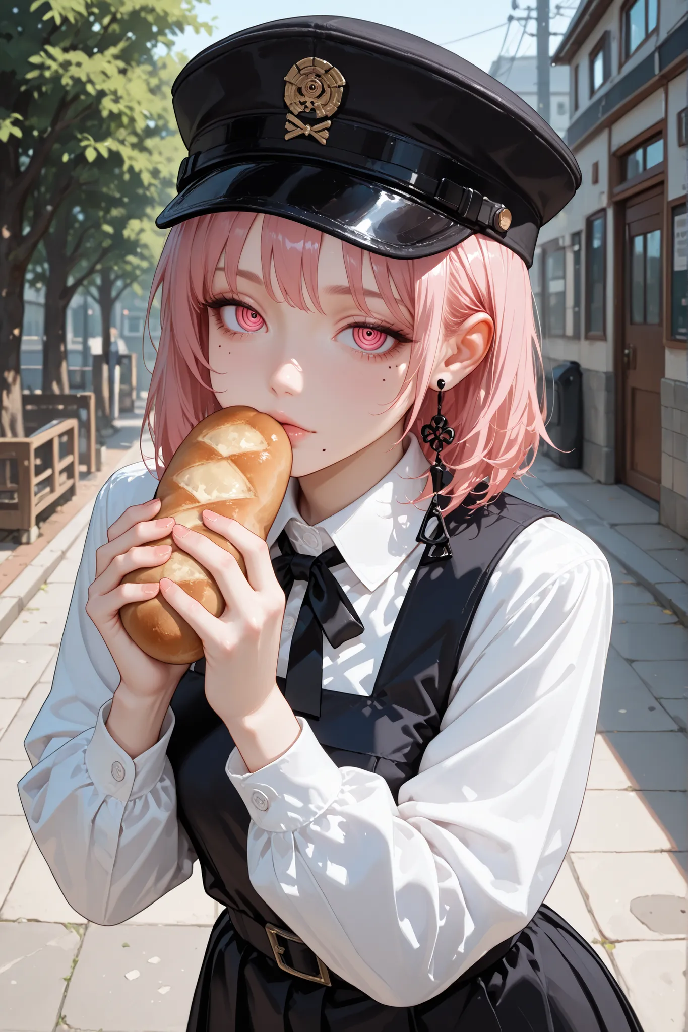 1girl, fami, multiple moles, mole under eye, mole under mouth, pink hair, pink eyes, ringed eyes, military hat, school uniform, black dress, pinafore dress, long dress, white shirt, black ribbon, neck ribbon, long sleeves, tassel earrings, outdoors, at sch...