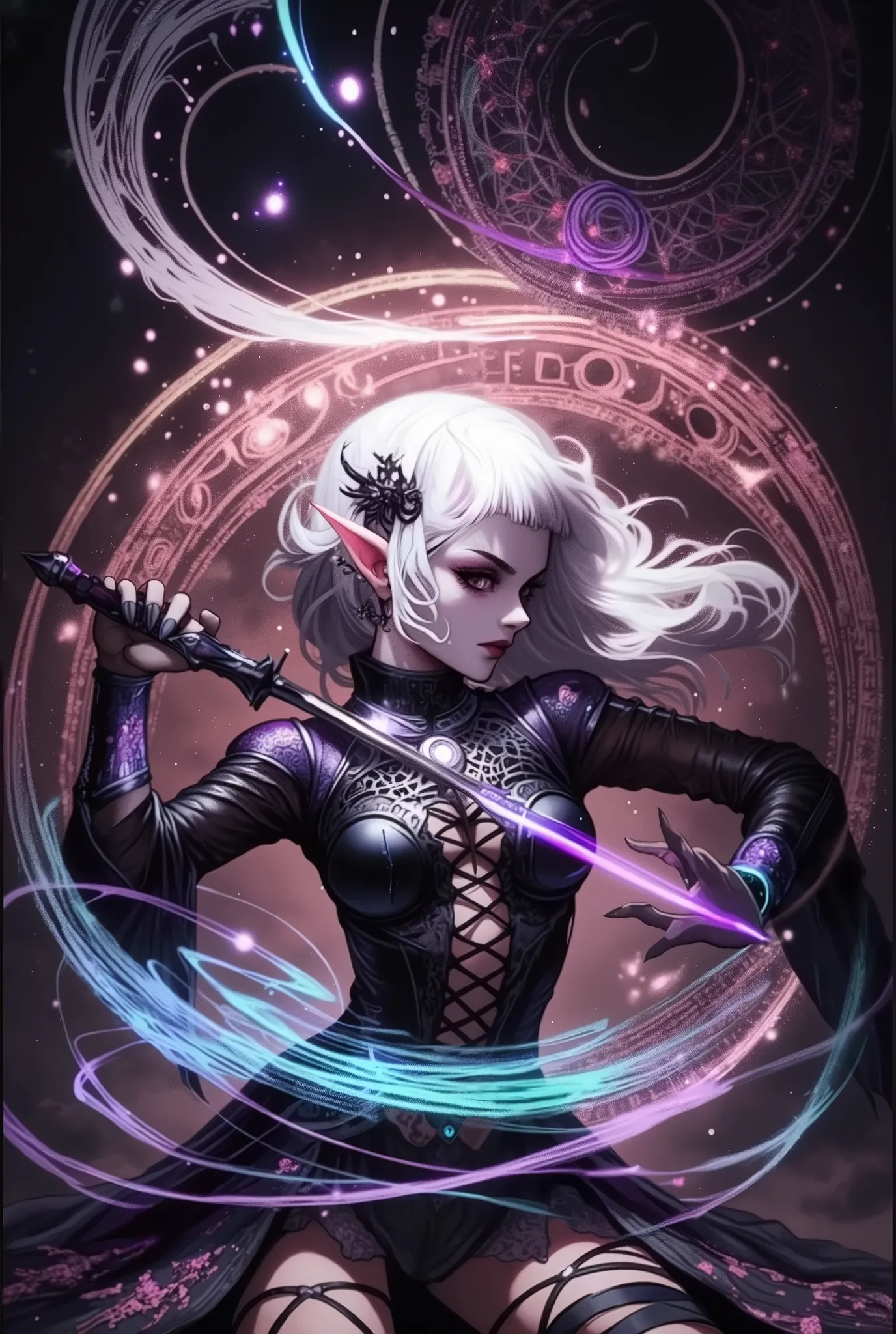 (Ultra-detailed face, Looking Away, Gothic Illustration, Dark Tone Colors. One thumb and four fingers.) , BREAK
(A female dark elf mystic stands at an angle, twisting her body in a large motion, holding a dagger in one hand that traps a rippling rainbow w...