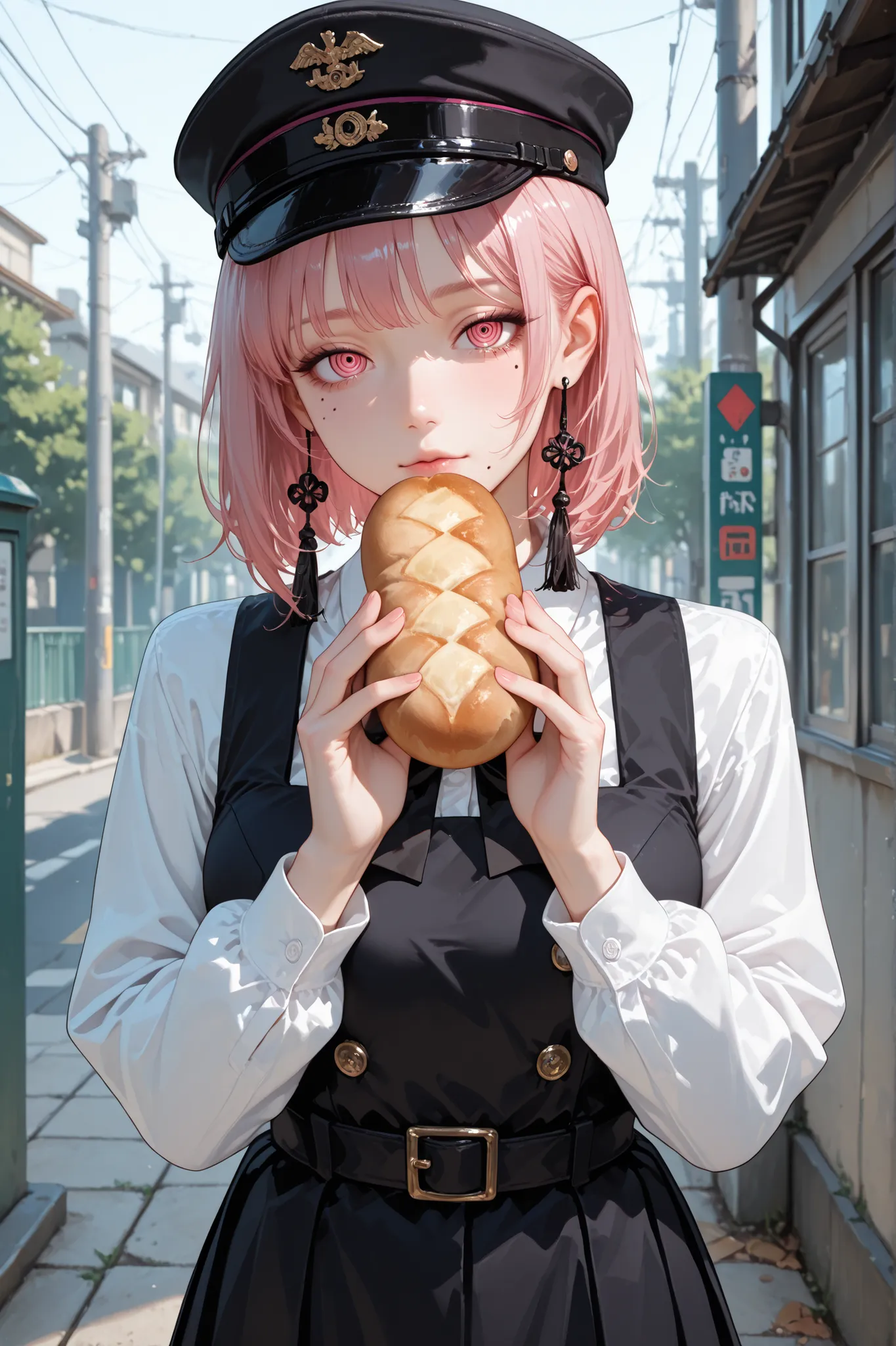 1girl, fami, multiple moles, mole under eye, mole under mouth, pink hair, pink eyes, ringed eyes, military hat, school uniform, black dress, pinafore dress, long dress, white shirt, black ribbon, neck ribbon, long sleeves, tassel earrings, outdoors, at sch...