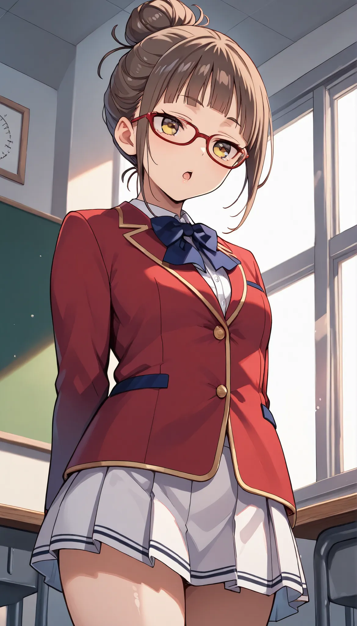 rika morofuji, brown hair, hair bun, short hair, yellow eyes, red-framed eyewear glasses, 1girl, red ribbon, red jacket school uniform, white shirt, red jacket, collared shirt, bowtie, white skirt, thigh,from below, standing ,1girl, solo, cowboy shot, mor...