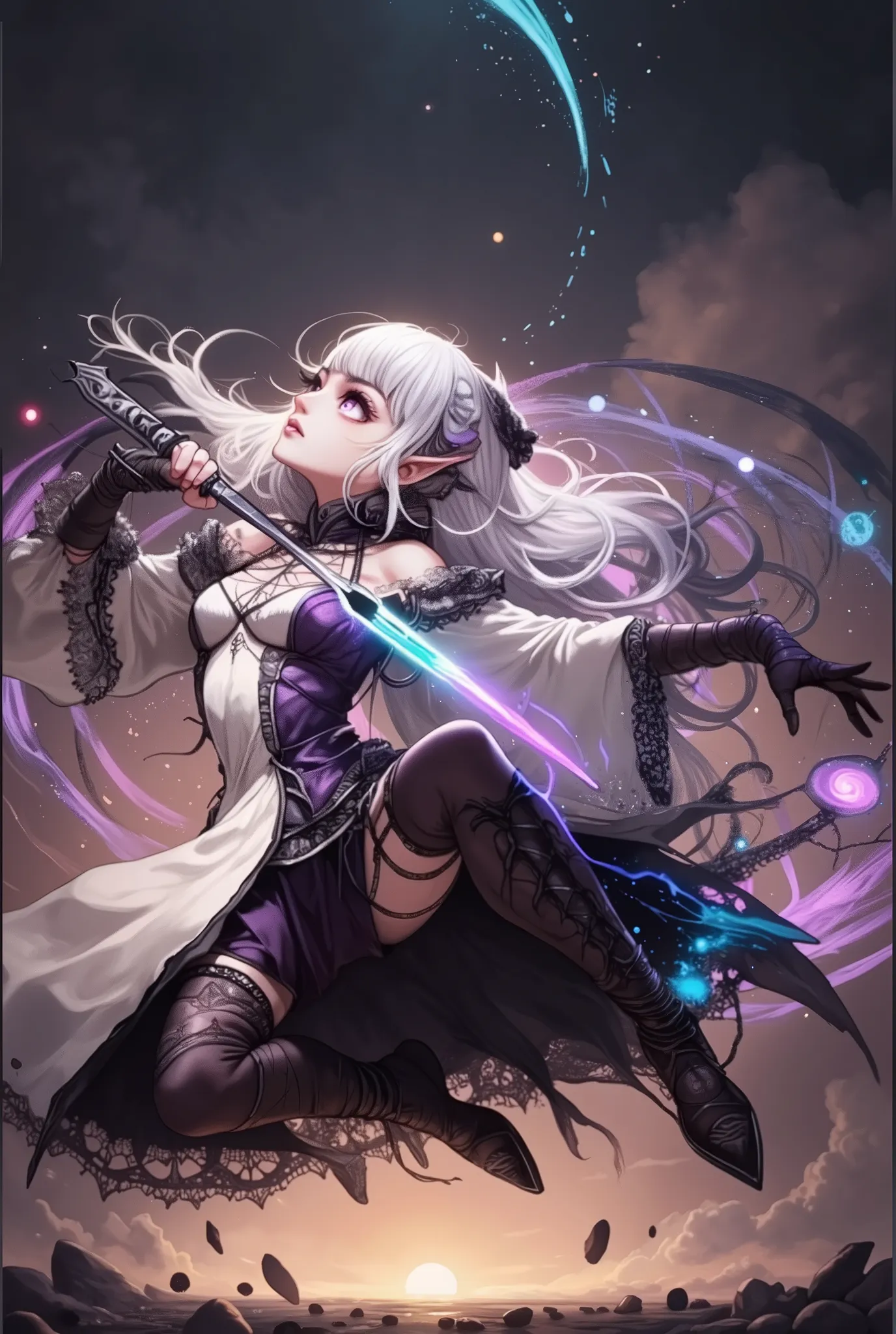 (Ultra-detailed face, Looking Away, Gothic Illustration, Dark Tone Colors. One thumb and four fingers.) , BREAK
(A female dark elf mystic stands at an angle, twisting her body in a large motion, holding a dagger in one hand that traps a rippling rainbow w...