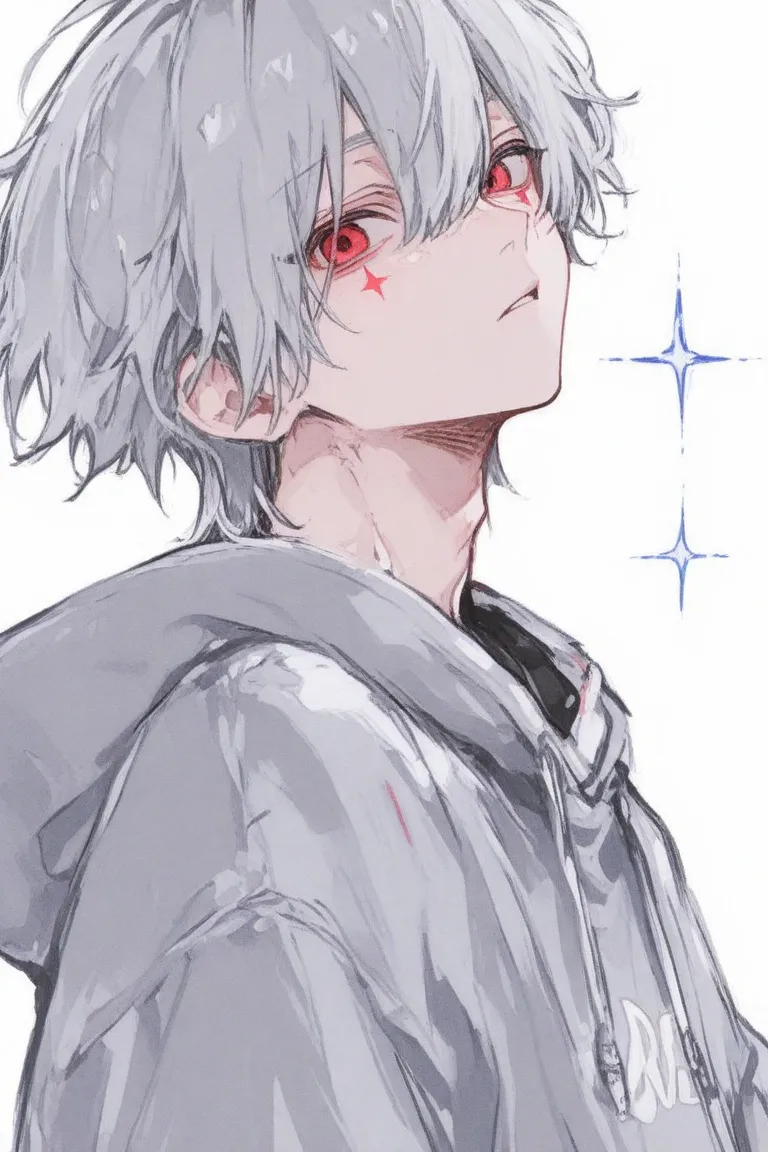 one boy、Gray Hair、Red eyes、My right eye shines、hoodie、Staring painfully at the viewer