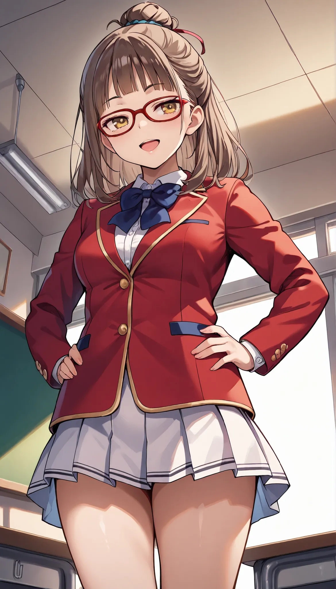 rika morofuji, brown hair, medium hair, yellow eyes, red-framed eyewear glasses, 1girl, red ribbon, red jacket school uniform, white shirt, red jacket, collared shirt, bowtie, white skirt, thigh,from below, standing ,1girl, solo, cowboy shot, morning ,sch...