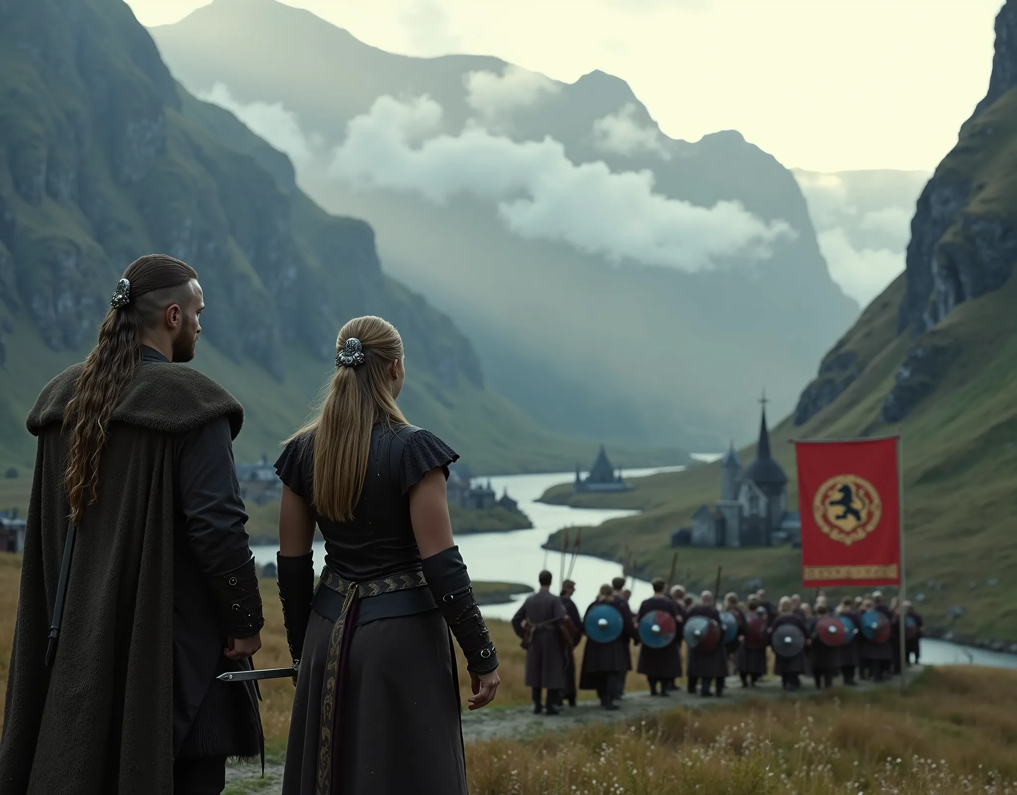 Steep and dramatic mountains are towering in the background and are slightly obfuscated by low clouds as dawn breaks and sunrays pierce through the cloud cover. A stream snakes its way down the fjord valley, revealing an ornate stave-church on the far rive...