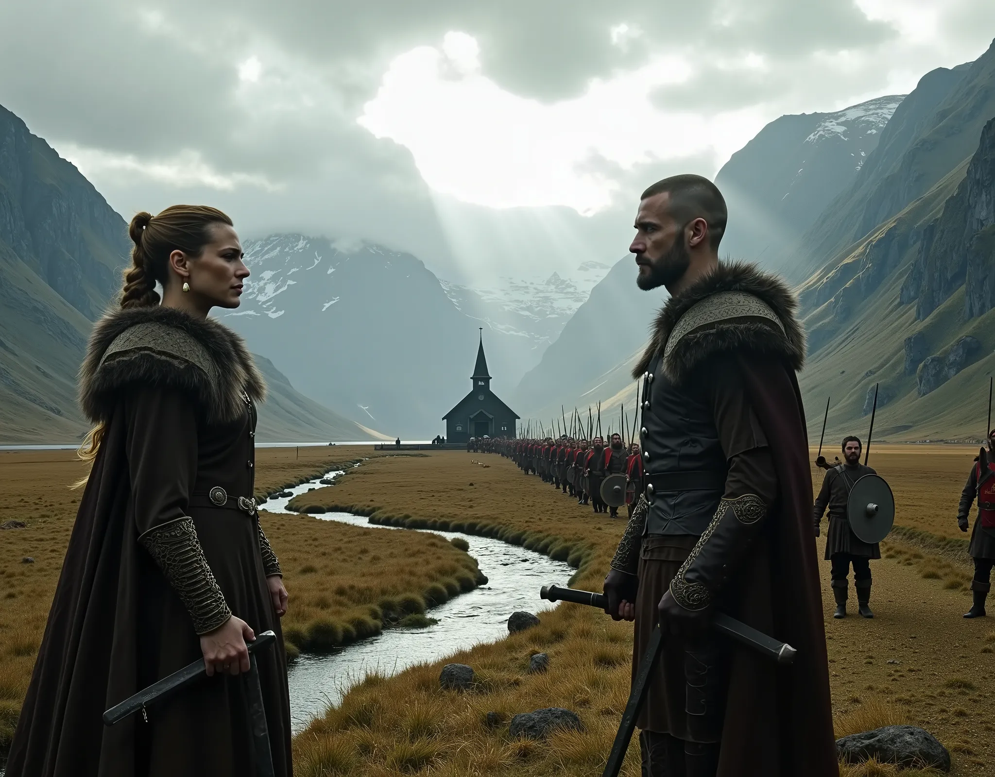 Steep and dramatic mountains are towering in the background and are slightly obfuscated by low clouds as dawn breaks and sunrays pierce through the cloud cover. A stream snakes its way down the fjord valley, revealing an ornate stave-church on the far rive...