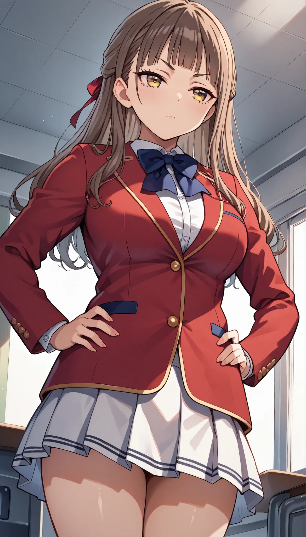 rika morofuji, brown hair, long hair, yellow eyes, girl, red ribbon, red jacket school uniform, white shirt, red jacket, collared shirt, bowtie, white skirt, thigh,from below, standing ,1girl, solo, cowboy shot, morning ,school classroom, masterpiece, best...