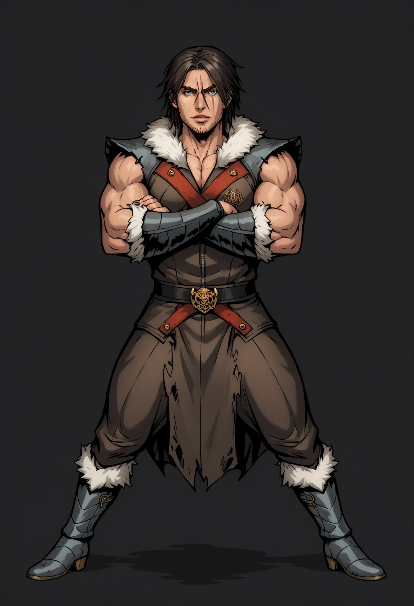 Man. Travor Belmont art. Trevor Belmont from Castlevania. Main character portrait. Wolverine face. Dynamic pose. scar under right eye. Dominant pose. Big chin. Thick dark eyebrows, One eyebrow up. crossed hands. Looking at viewer. Full body shot, Detailed ...