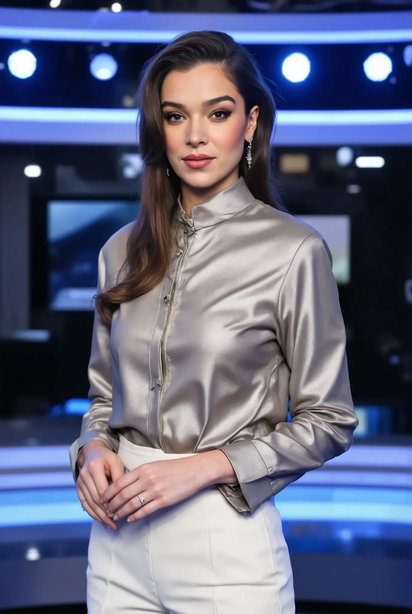 arafed woman wearing a shiny silver satin blouse and white pantalon pants, holding small cue cards, news anchor, blue studio lights, standing in a news studio, ready to present the news, backlit glow