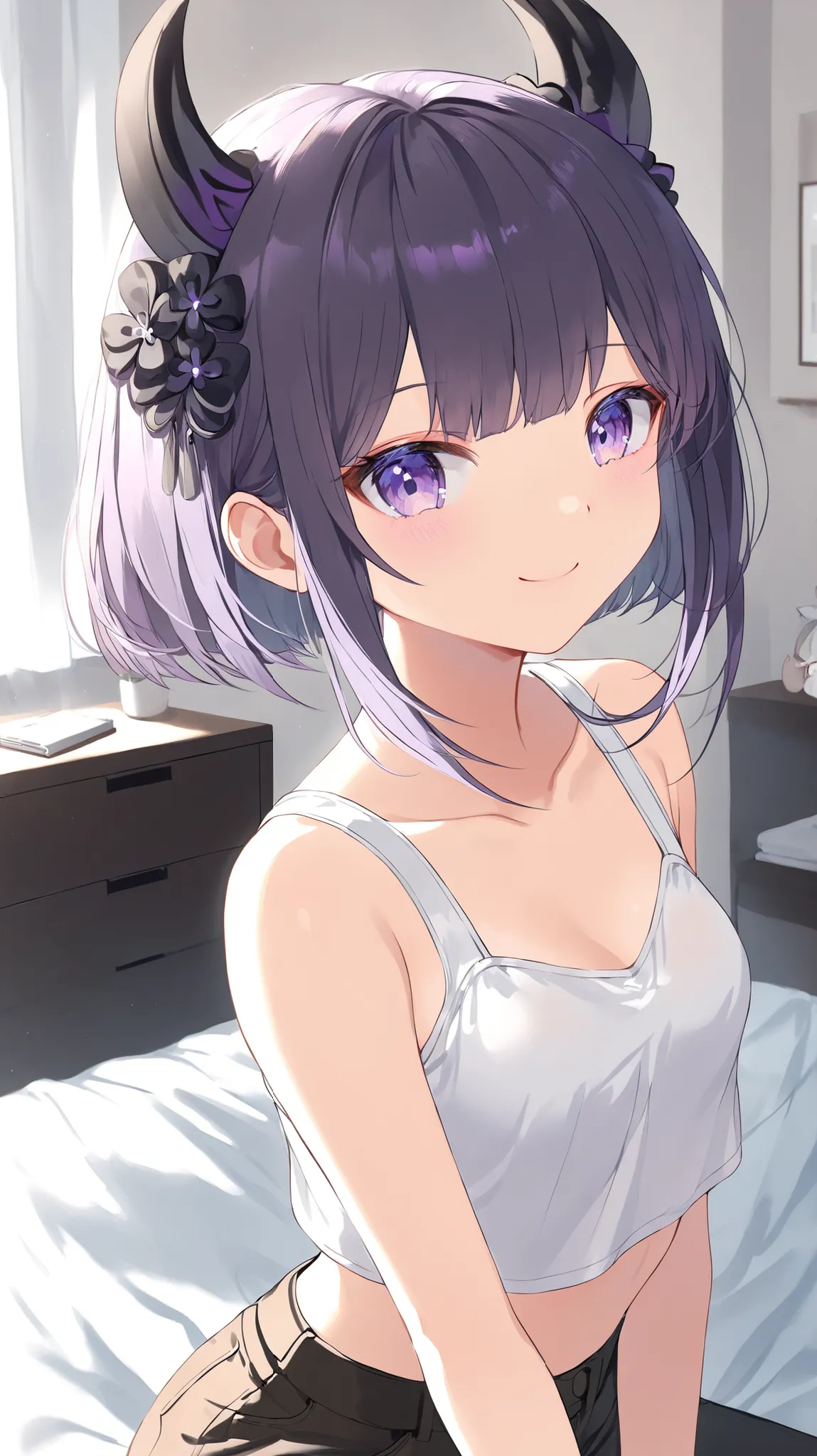 korean young woman, very short dark black with little bit of dark purple hair made into elegant and cute hairstyle, light purple eyes, small round face, cute smile, small breasts, wearing white tank crop top and dark brown jeans, background is her room in ...