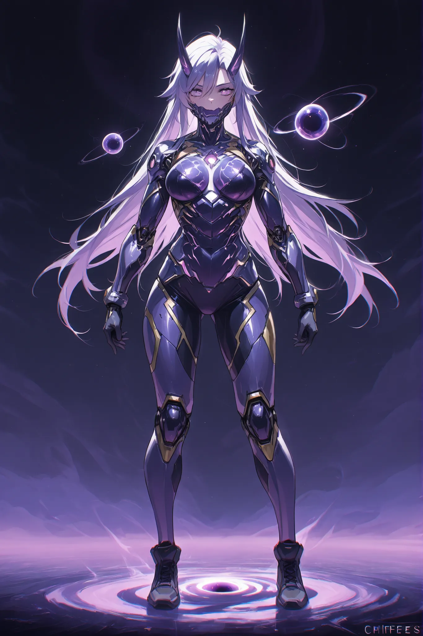 Supernatural creature Oni cyborg purple sci-fi style, chifres, purple and gray cybernetic body with spheres similar to black holes, with a Void Creature theme and colors reminiscent of the, full body, concept art