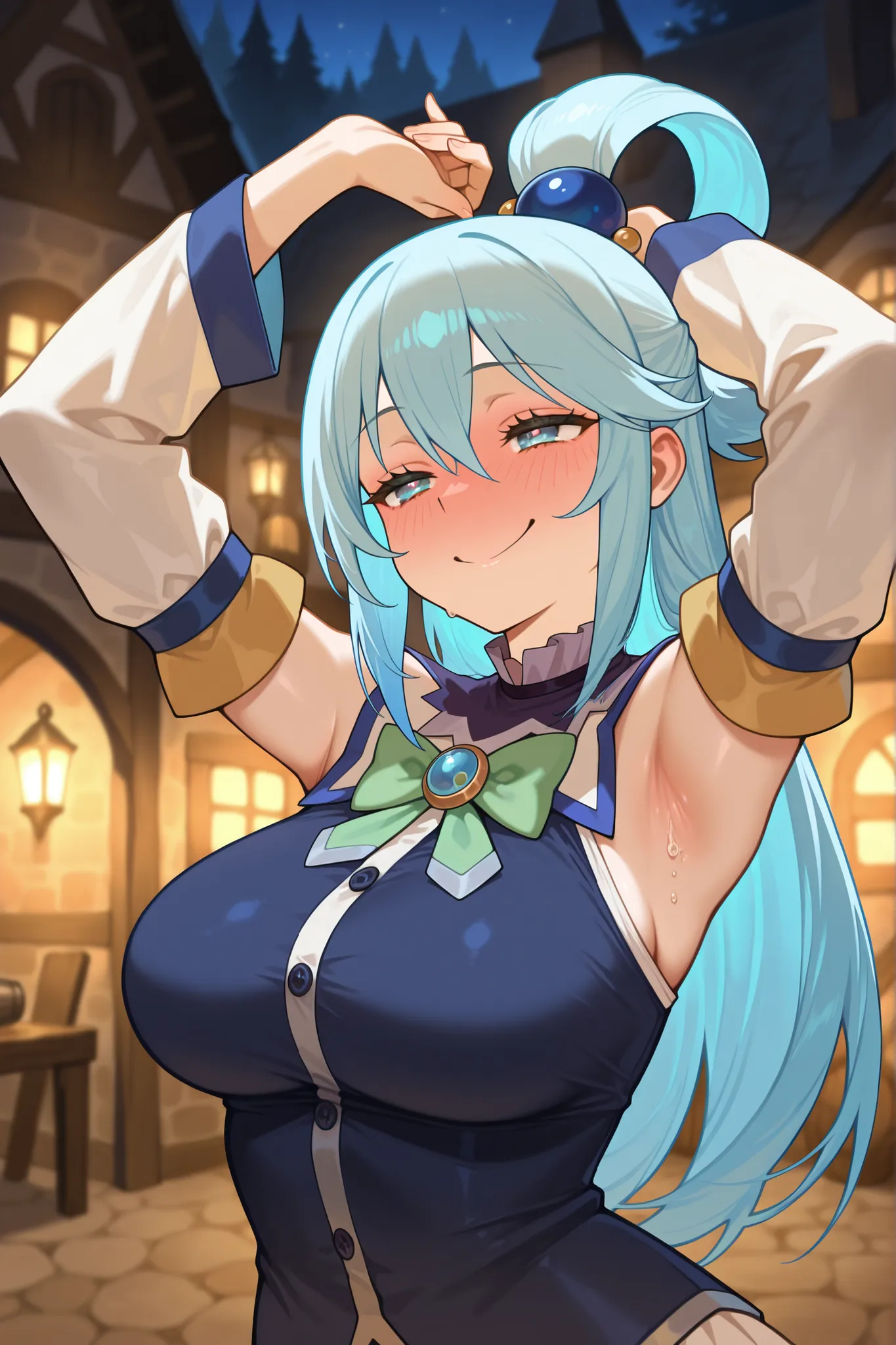 masterpiece, best quality, amazing quality, absurdres, highres,anime screencap, 1girl, AEAquaDef, blue eyes, blue hair, single hair ring, hair ornament, green bow, blue shirt, sleeveless, detached sleeves, White sleeves, curvy,large breasts,  drunk,Traven,...