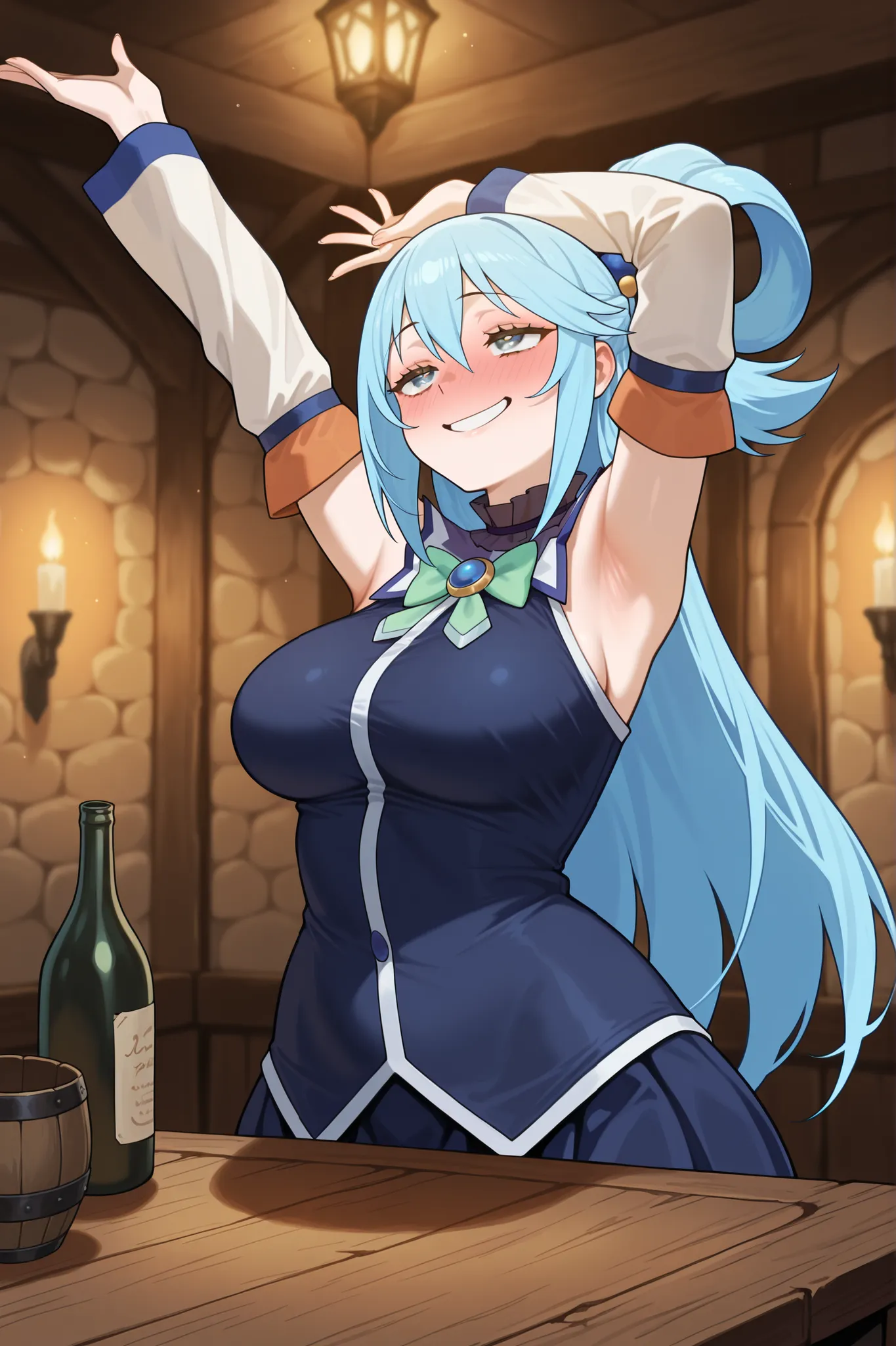 masterpiece, best quality, amazing quality, absurdres, highres,anime screencap, 1girl, AEAquaDef, blue eyes, blue hair, single hair ring, hair ornament, green bow, blue shirt, sleeveless, detached sleeves, White sleeves, curvy,large breasts,  drunk,Traven,...