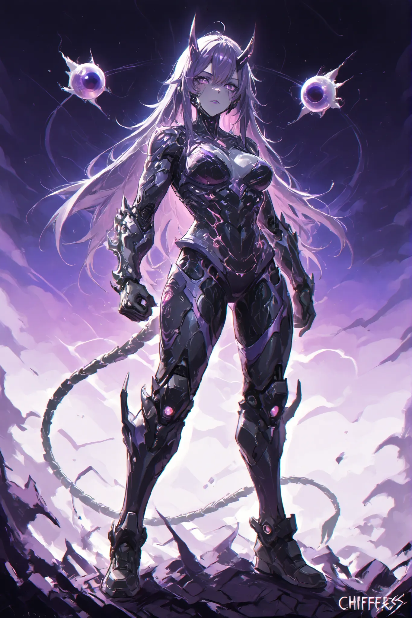 Supernatural creature Oni cyborg purple sci-fi style, chifres, purple and gray cybernetic body with spheres similar to black holes, with a Void Creature theme and colors reminiscent of the, full body, concept art