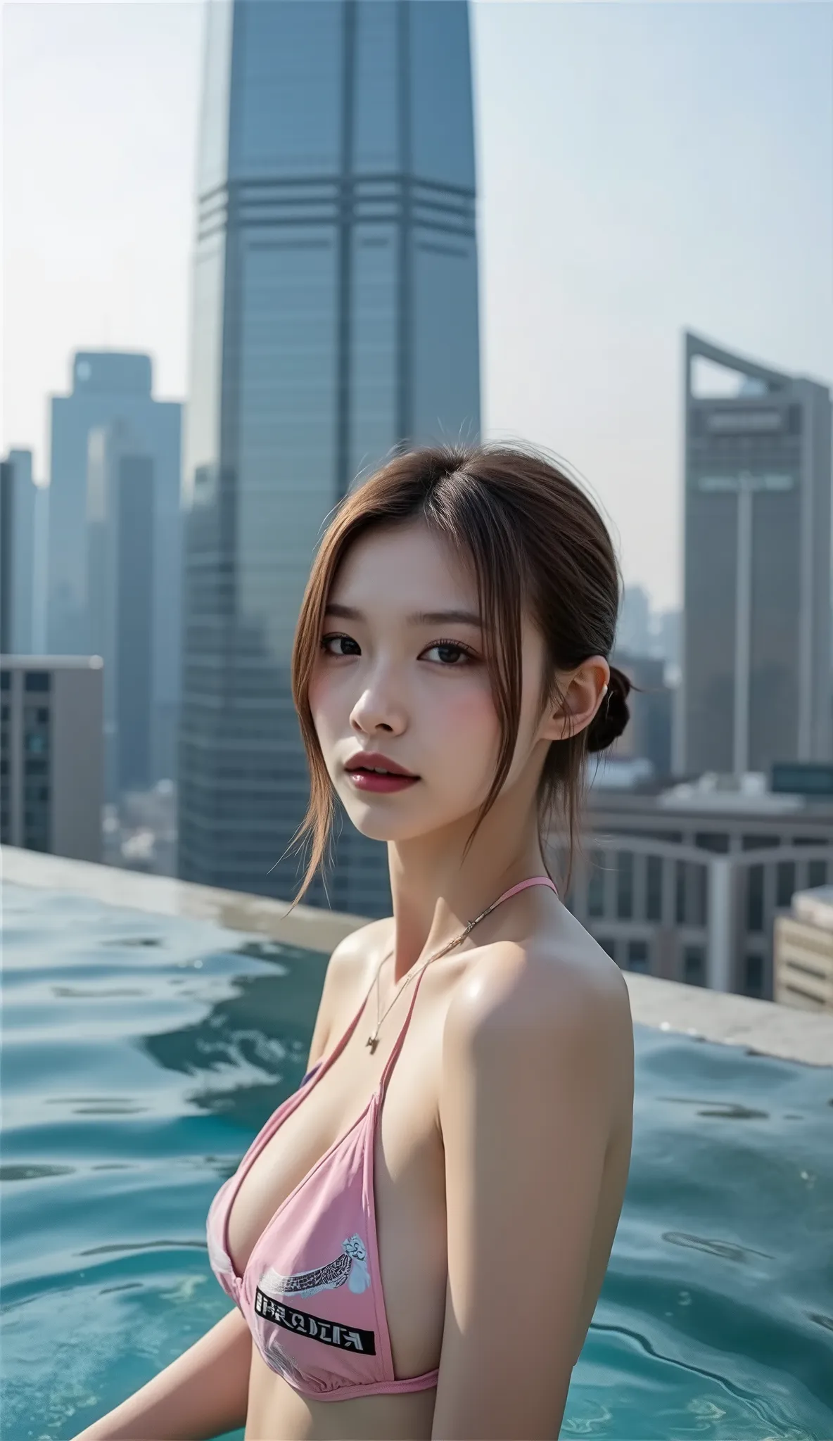 ((depicts a young girl who is a Korean pop idol。),((Shanghai skyscraper rooftop pool,The pool's horizon and spectacular views are a great sign)),(soaking in water),((halterneck Prada bikini)),(nice smiles),(beautiful Korean idol makeup,beautiful lips,dark ...