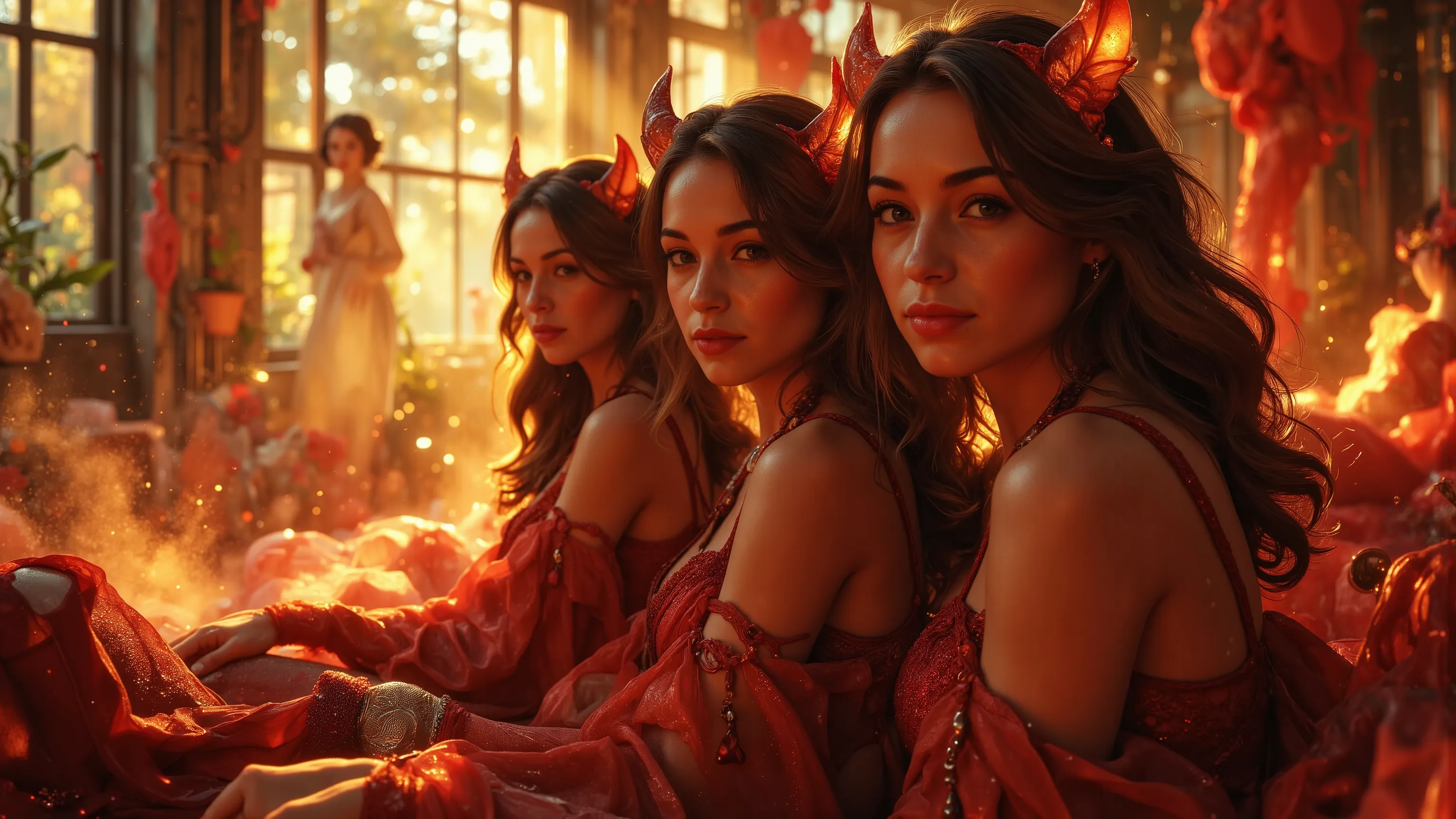 Three sultry mystical succubi emanating an aura of burning lust, wearing a sexy reddish latex outfit, in a Kinetic Sand Temporal Flux style, where the passage of time is captured in the fluidity of sculpted sand. Fleeting shapes are illuminated by hints of...