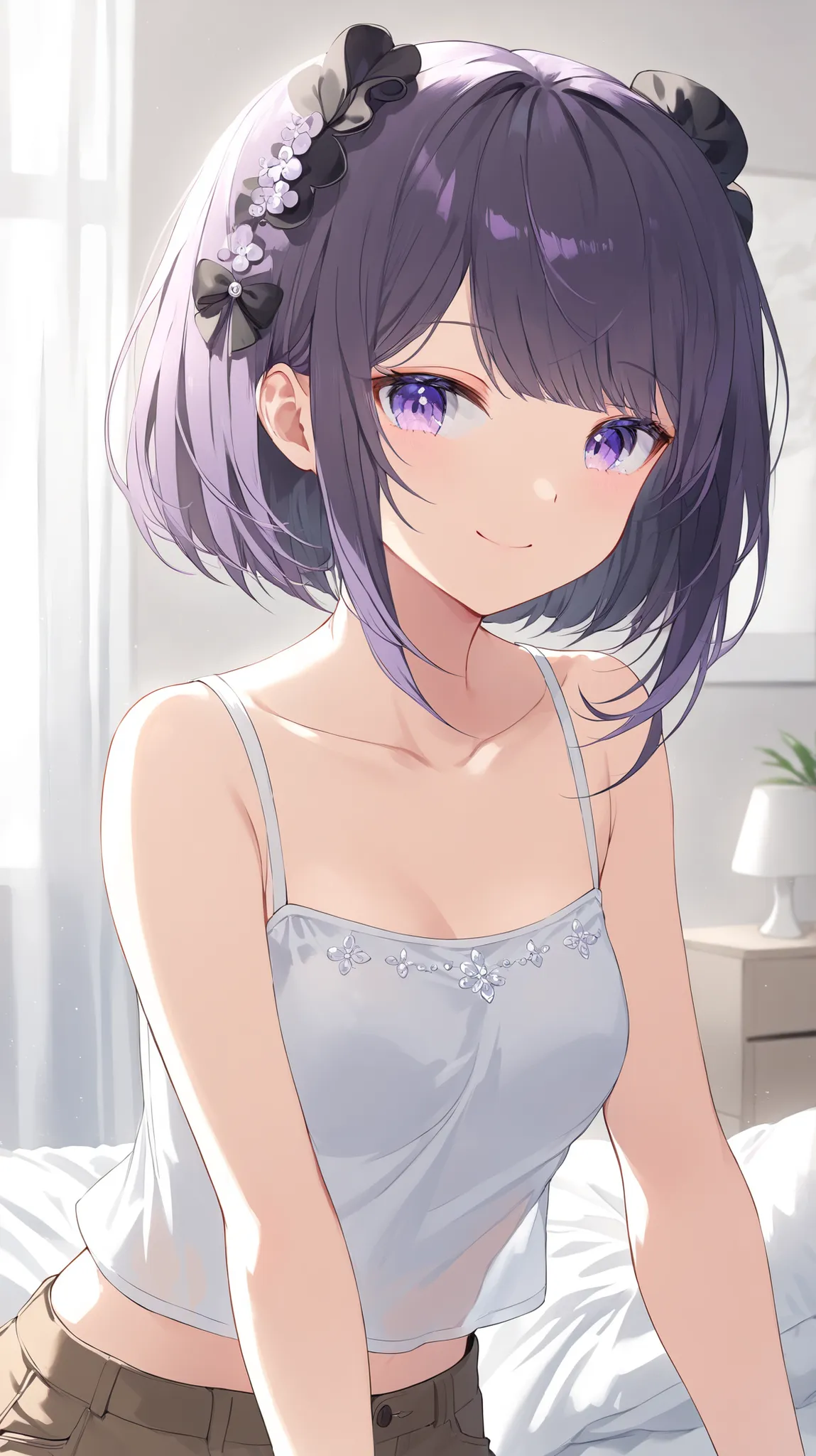 korean young woman, very short dark black with little bit of dark purple hair made into elegant and cute hairstyle, light purple eyes, small round face, cute smile, small breasts, wearing white tank square-shaped top and brown jeans, background is her room...