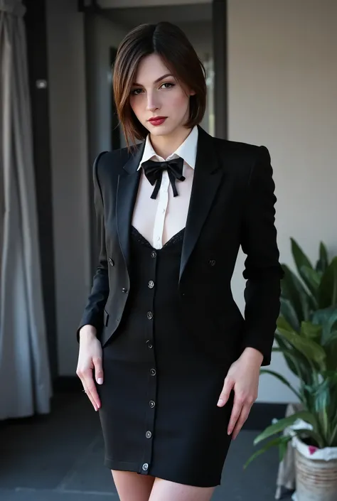 (absurdres, highres, ultra detailed), masterpiece, Amanda Riley as ada wong (resident evil), ((solo)), short dark hair, 1girl, skirt suit, tuxedo, black jacket, waistcoat, black bowtie, bodycon skirt, black clothing, miniskirt, closed mouth, standing, port...