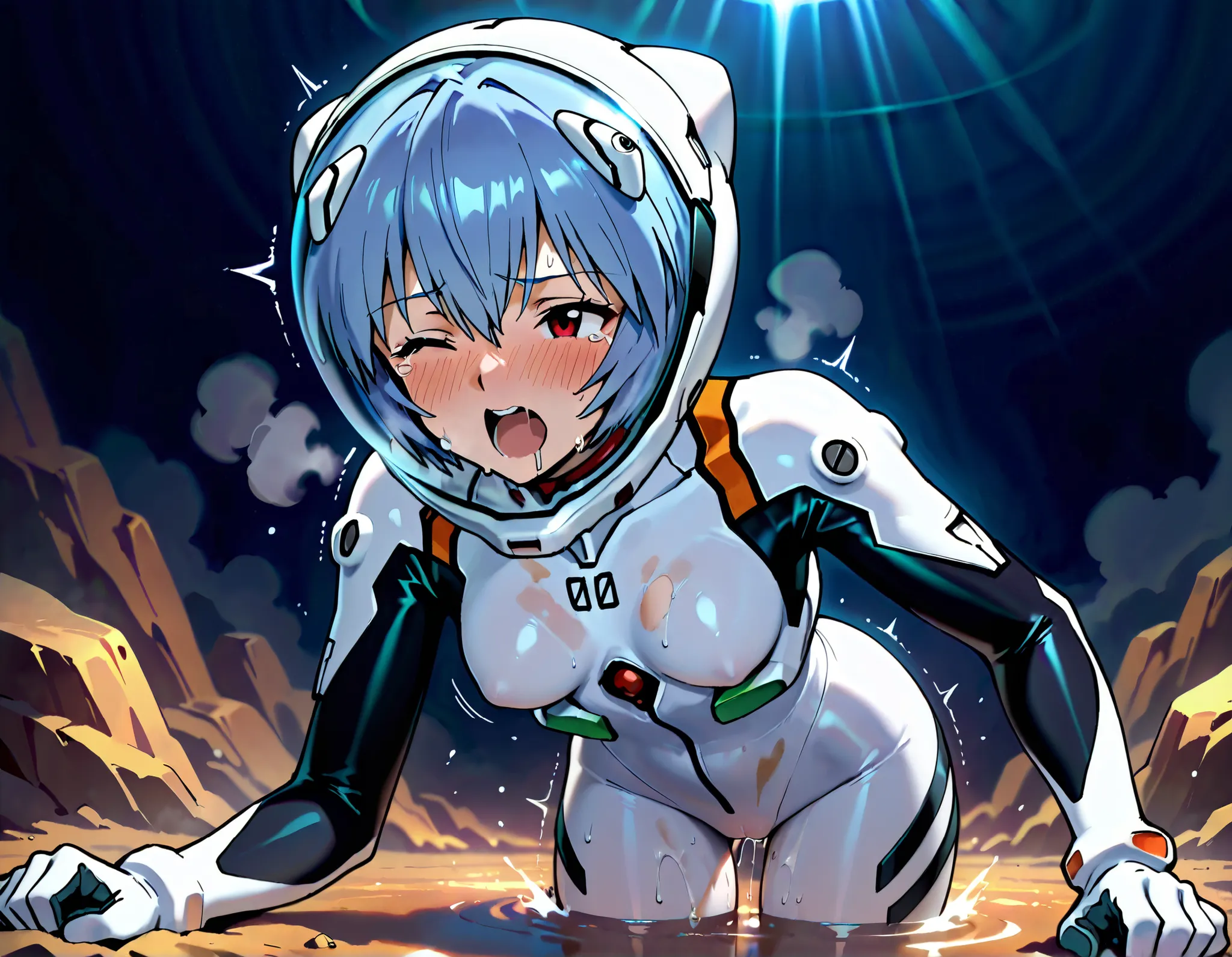 solo,super detail eyes, perfect face, Best Quality, extremely detailed face, perfect lighting, extremely detailed CG, perfect hands perfect anatomy, evangelion art style, White plugsuit, skintight, tight fit, small breast, Rei Ayanami, red eyes, blue hair,...