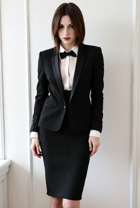 (absurdres, highres, ultra detailed), masterpiece, Amanda Riley as ada wong (resident evil), ((solo)), short dark hair, 1girl, skirt suit, tuxedo, black jacket, waistcoat, black bowtie, bodycon skirt, black clothing, miniskirt, closed mouth, standing, port...