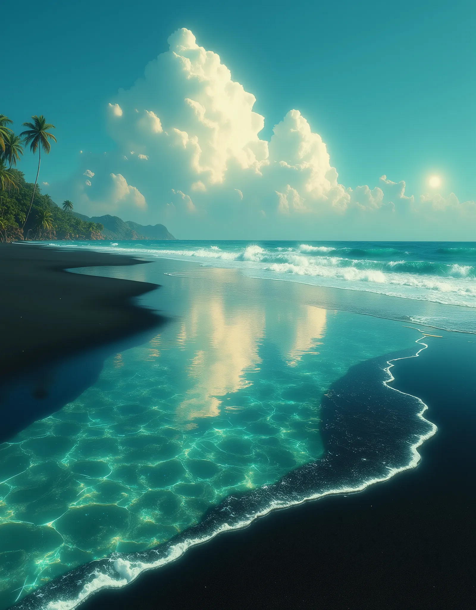 A serene, alien beach with black sand and crystal-clear water reflecting a double sunset in a sky filled with geometric clouds.