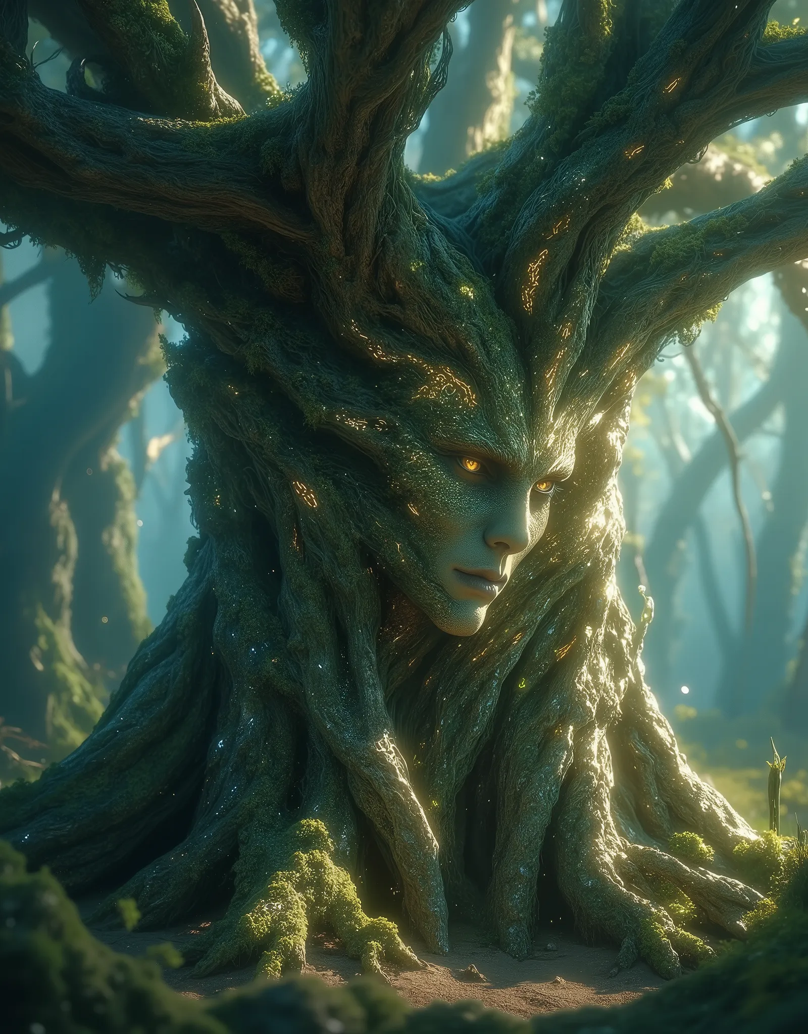 Hyperrealistic portrait of a wise, ancient tree with a face carved into its bark, telling stories through glowing runes.