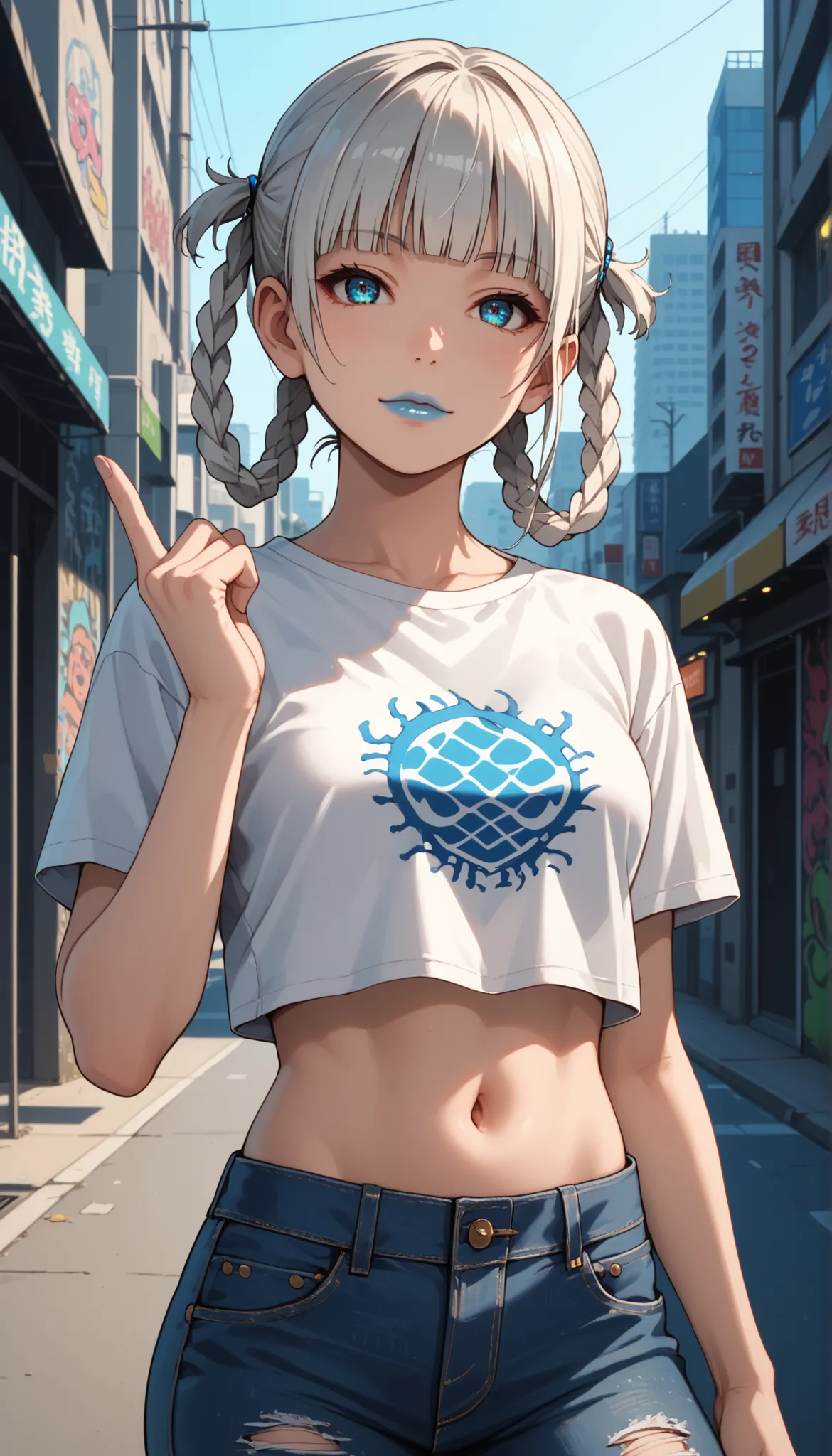 Score_9, score_8_up, score_7_up, score_6_up, source_anime, rating:general, 1girl, kirari momobami, white hair, braided hair (ring braids in hair), blunt bangs, blue eyes, Sanpaku eyes, pale skin, round face, cute face, slender build, medium sized breasts, ...