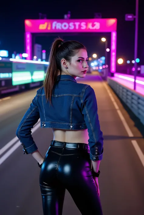 sexy woman wearing denim shirt tucked into her glossy black vinyl pants, buckled belt, short crop biker jacket, knee high boots with lacing, high ponytail hairstyle, she is posing outside in the start-finish line of a formula one race, backview, looking ba...