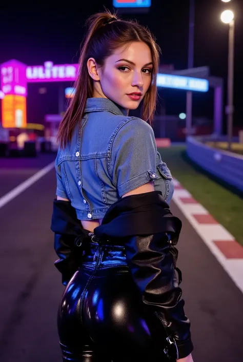 sexy woman wearing denim shirt tucked into her glossy black vinyl pants, buckled belt, short crop biker jacket, knee high boots with lacing, high ponytail hairstyle, she is posing outside in the start-finish line of a formula one race, backview, looking ba...