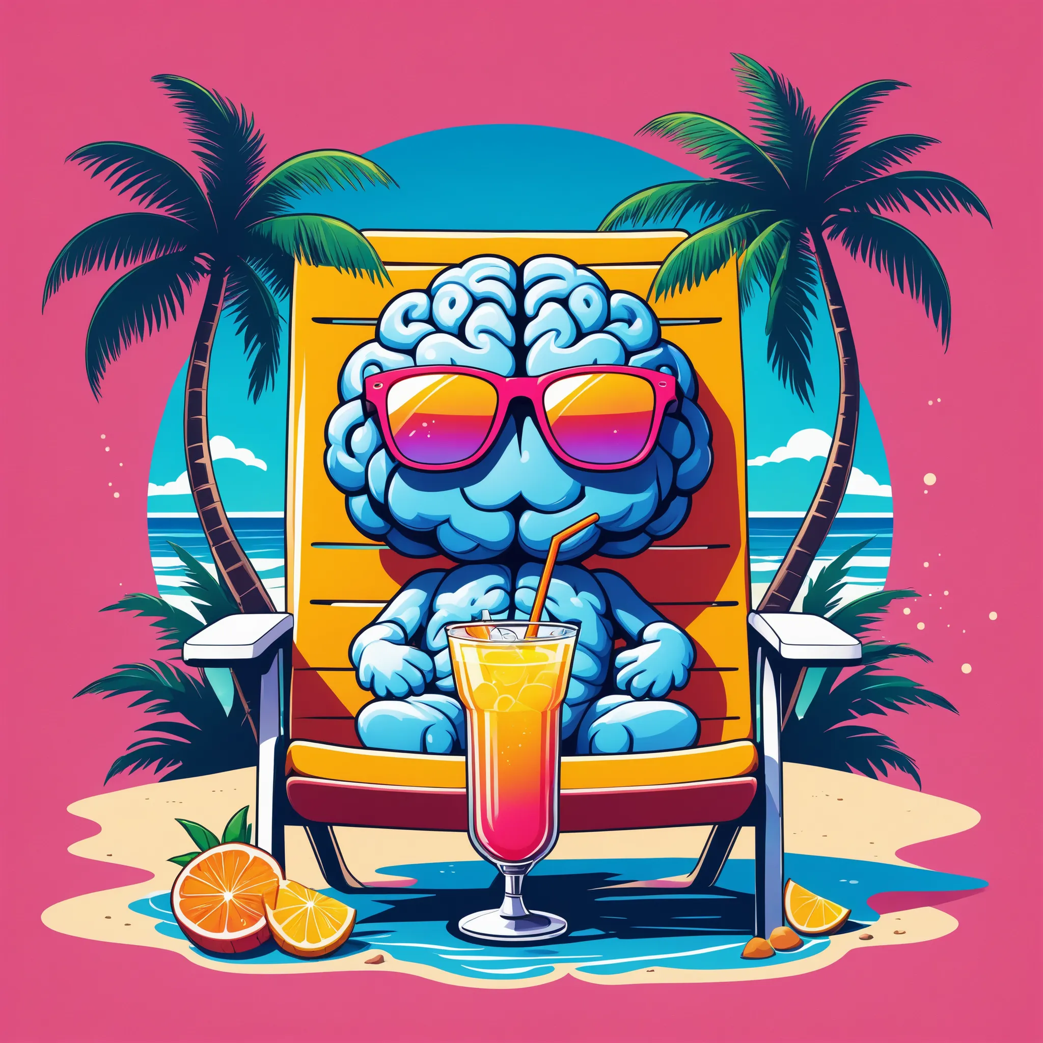 A vibrant illustration of a cute cartoon brain wearing sunglasses, relaxing on a beach chair with a tropical drink under a palm tree, with bold retro 80s-style text above that says 'RECHARGE MODE:' and glowing neon-style text below that says 'ACTIVATED', c...