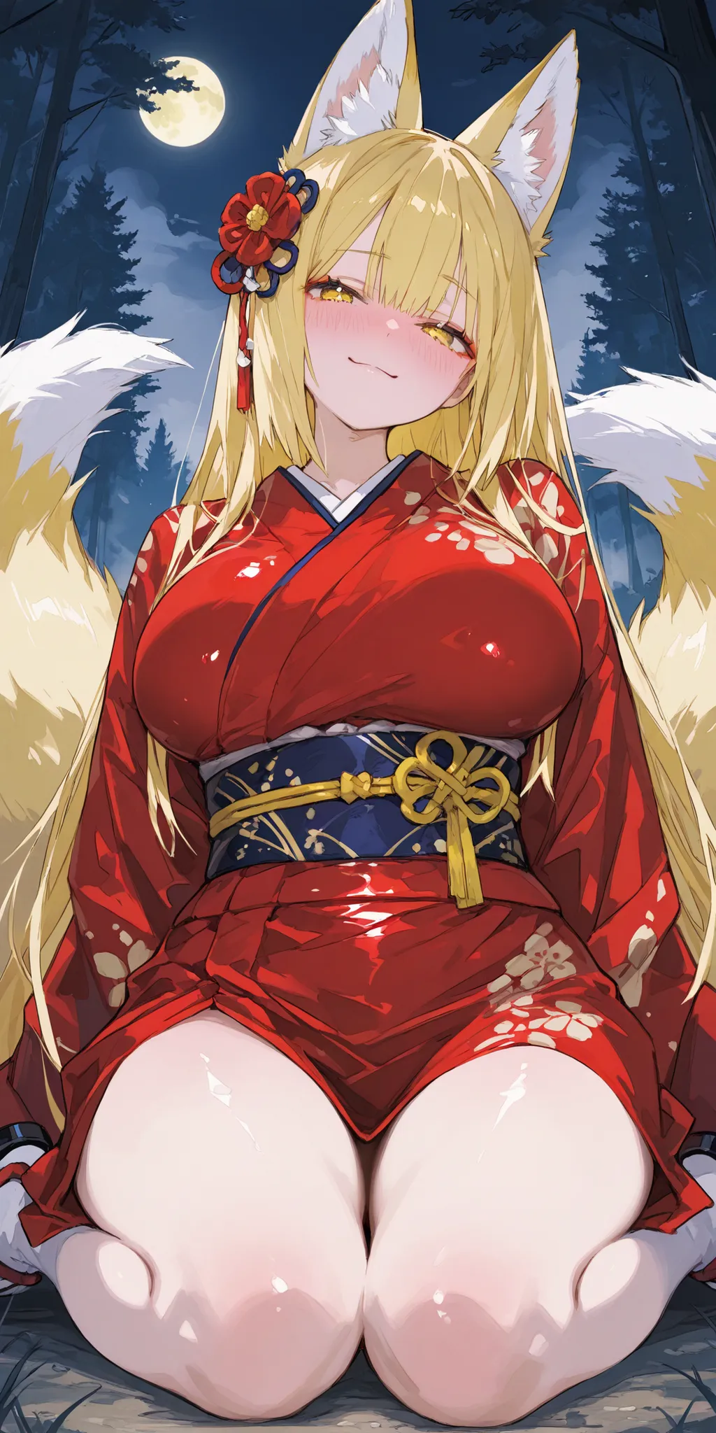 best quality, masterpiece, ultra detailed, general, SakimiStyle, SagawaStyle, ma1ma1helmes_b_illu, 1girl, large breast, sweet, blushing, striking yellow hair, low angle, red Japanese kimono, fox ears, human ears invisible, smug, entire body, gentle sunligh...