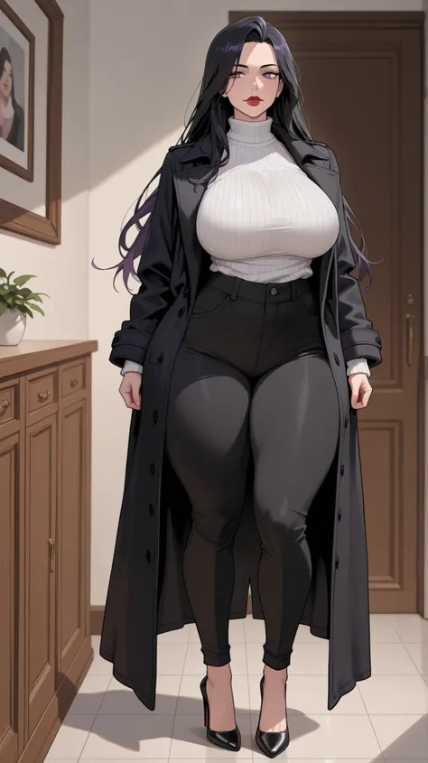  1woman, Purple eyes, Almond-Shaped eyes, long black pants, black black Coat, unbuttoned Coat , neck height sweater, raven hair, long hair, black hair, red lips, Tall, thick thighs, big breasts, mature face, mother's vibes, high heels