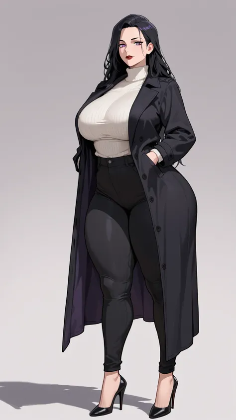  1woman, Purple eyes, Almond-Shaped eyes, long black pants, black black Coat, unbuttoned Coat , neck height sweater, raven hair, long hair, black hair, red lips, Tall, thick thighs, big breasts, mature face, mother's vibes, high heels