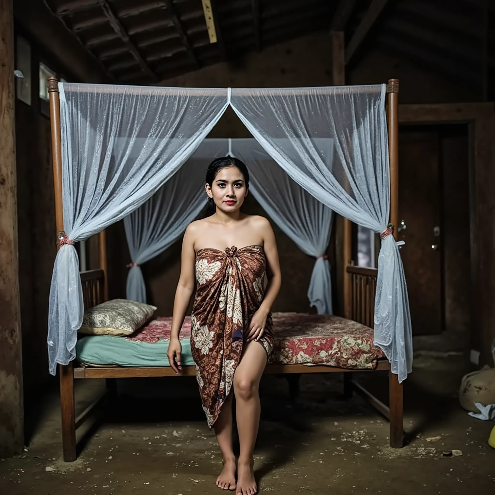 a middle-aged mother walked into a hut to lie on a bed made of iron with white mosquito net,The dark atmosphere at night adds to the quiet and quiet atmosphere that accompanies the mother who lives alone in the hut