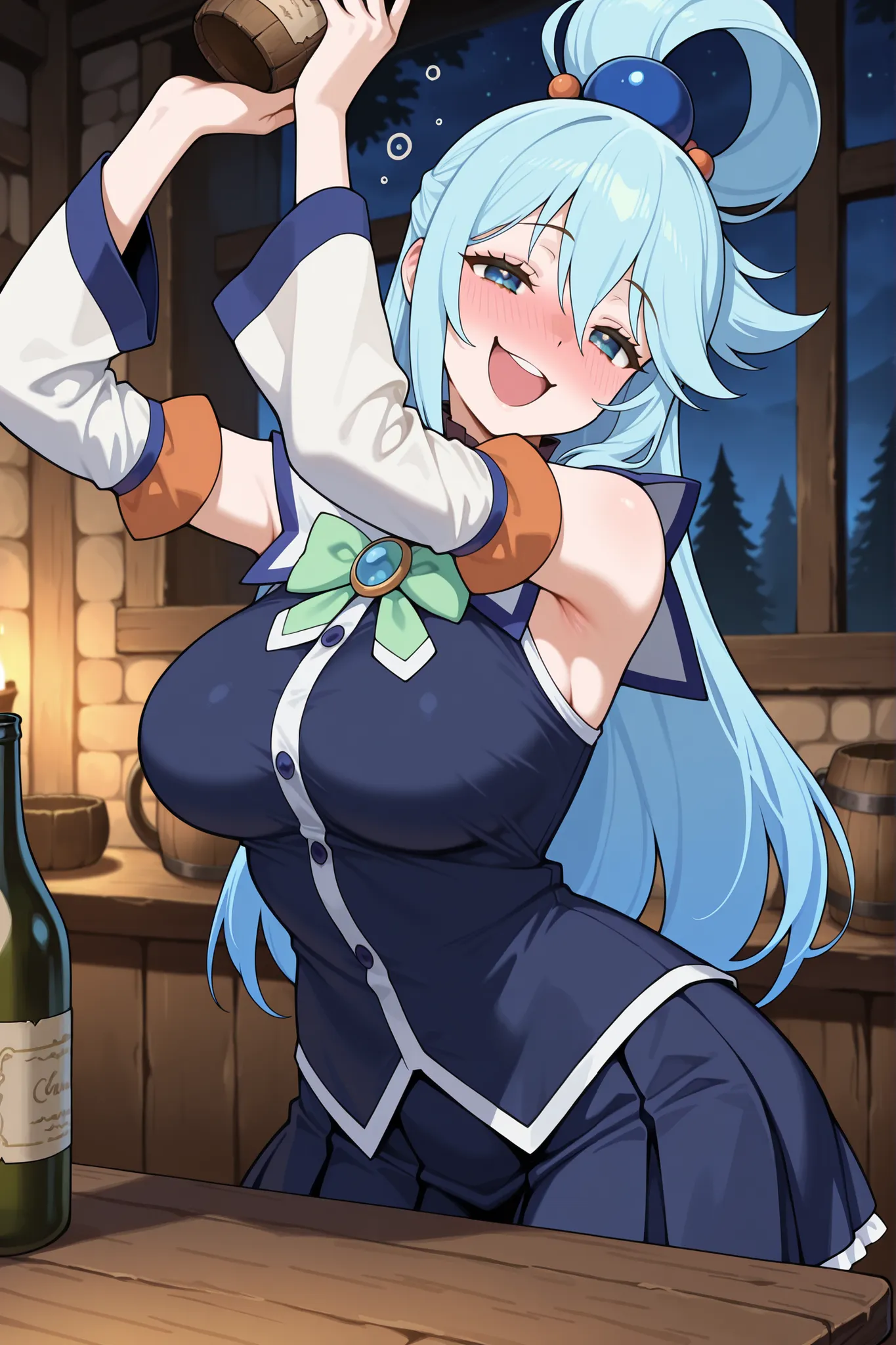 masterpiece, best quality, amazing quality, absurdres, highres,anime screencap, 1girl, AEAquaDef, blue eyes, blue hair, single hair ring, hair ornament, green bow, blue shirt, sleeveless, detached sleeves, White sleeves, curvy,large breasts,  drunk,Traven,...