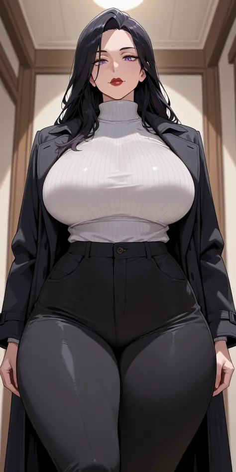 1woman, Purple eyes, Almond-Shaped eyes, long black pants, black black Coat, unbuttoned Coat , neck height sweater, raven hair, long hair, black hair, red lips, Tall, thick thighs, big breasts, mature face, mother's vibes, 