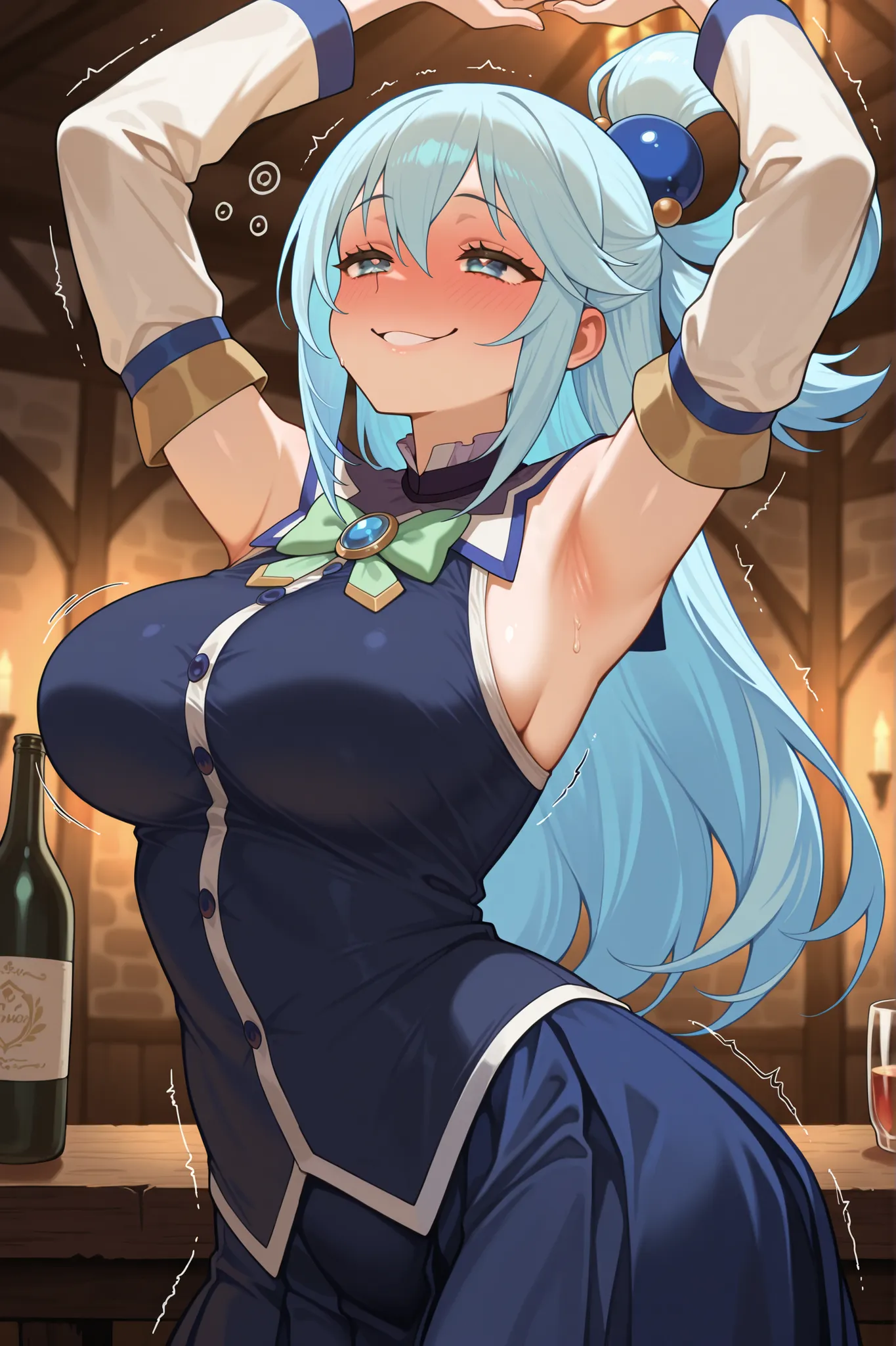 masterpiece, best quality, amazing quality, absurdres, highres,anime screencap, 1girl, AEAquaDef, blue eyes, blue hair, single hair ring, hair ornament, green bow, blue shirt, sleeveless, detached sleeves, White sleeves, curvy,large breasts,  drunk,Traven,...