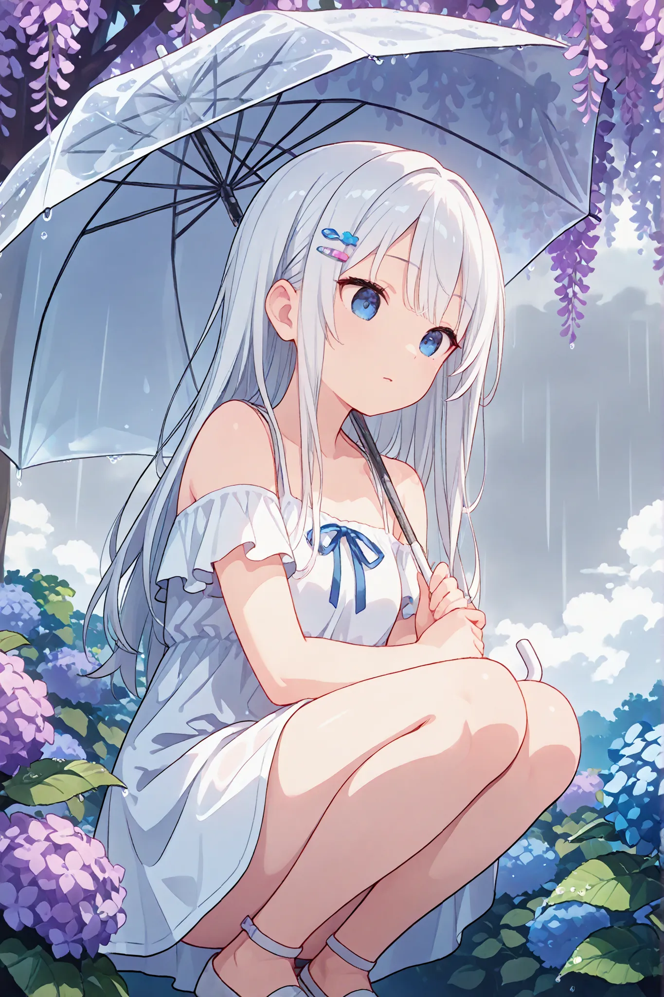 1 girl, white hair, long hair, tiny sakura hair clip, baby blue eyes, calm gaze, neutral expression, squatting under a wisteria tree, hold a umbrella, wear casual white summer clothing, raining a little, looking down to a flower, hydrangea background, side...