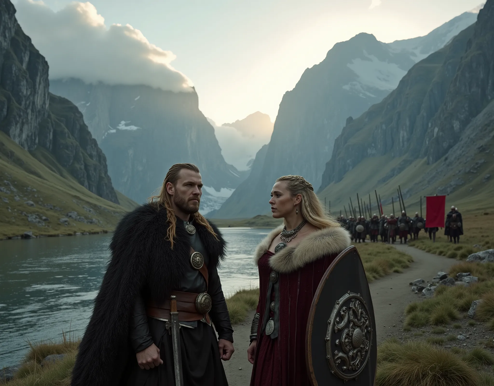 Steep and dramatic mountains are towering in the background and are slightly obfuscated by low clouds as dawn breaks and sunrays pierce through the cloud cover. A stream snakes its way down the fjord valley, revealing an ornate stave-church on the far rive...