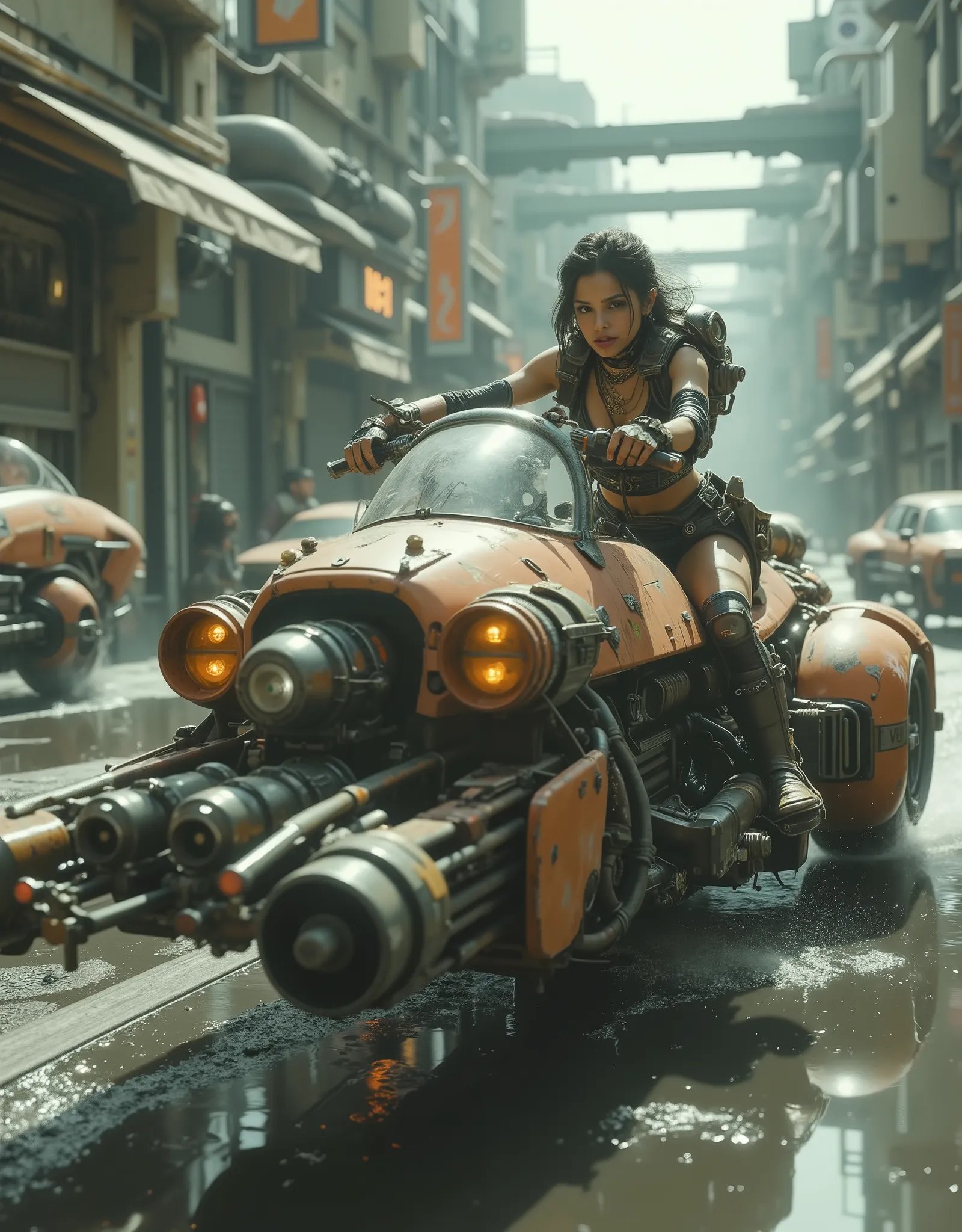 cinematographic photography using the rule of thirds and composition on planes Side photo full body shot counterposed, soft light, unmarked contrasts, a retrofuturistic motorcycle (Speeder bike) Flying ( bike) inspired by motorcycles with low frame and hu...