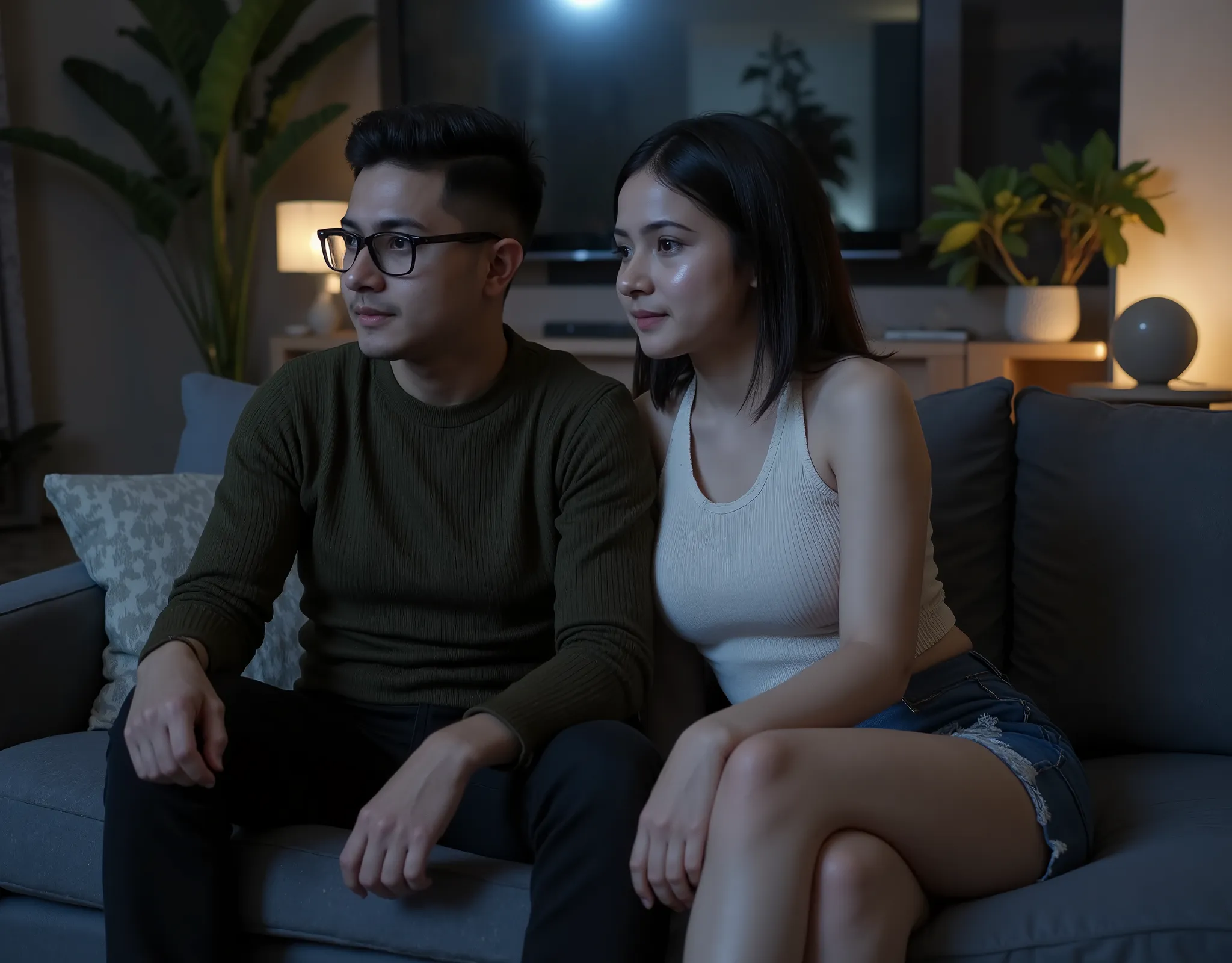 A cinematic, hyper-realistic photograph of a young Southeast Asian couple relaxing together in a dimly lit living room at night, captured in 5:4 landscape aspect ratio from the perspective of a television screen. The couple is seated side by side on a larg...