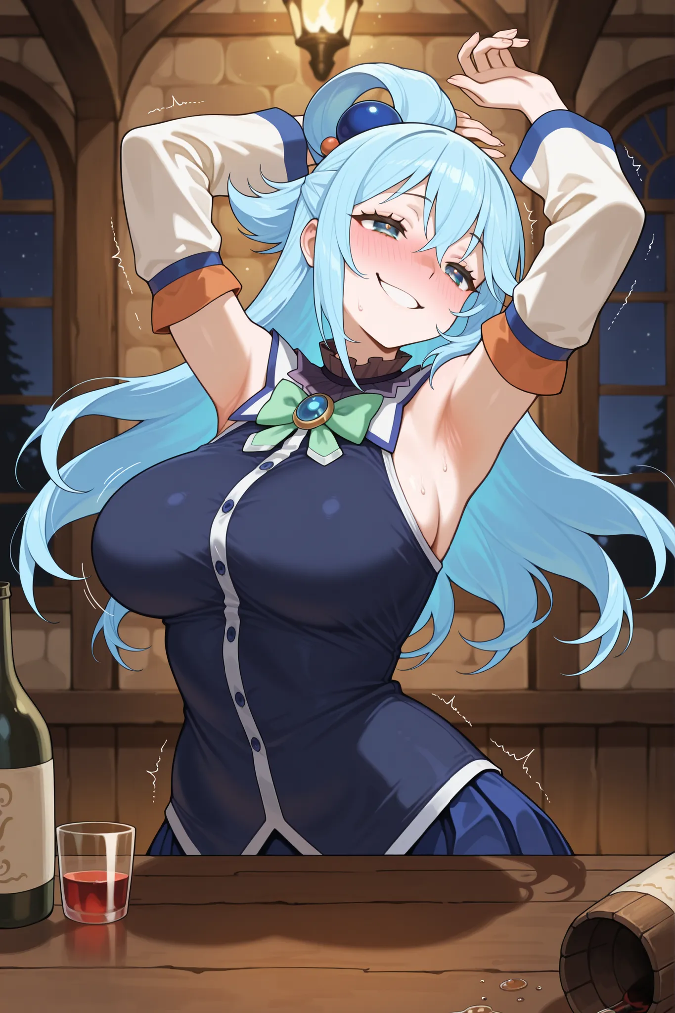 masterpiece, best quality, amazing quality, absurdres, highres,anime screencap, 1girl, AEAquaDef, blue eyes, blue hair, single hair ring, hair ornament, green bow, blue shirt, sleeveless, detached sleeves, White sleeves, curvy,large breasts,  drunk,Traven,...