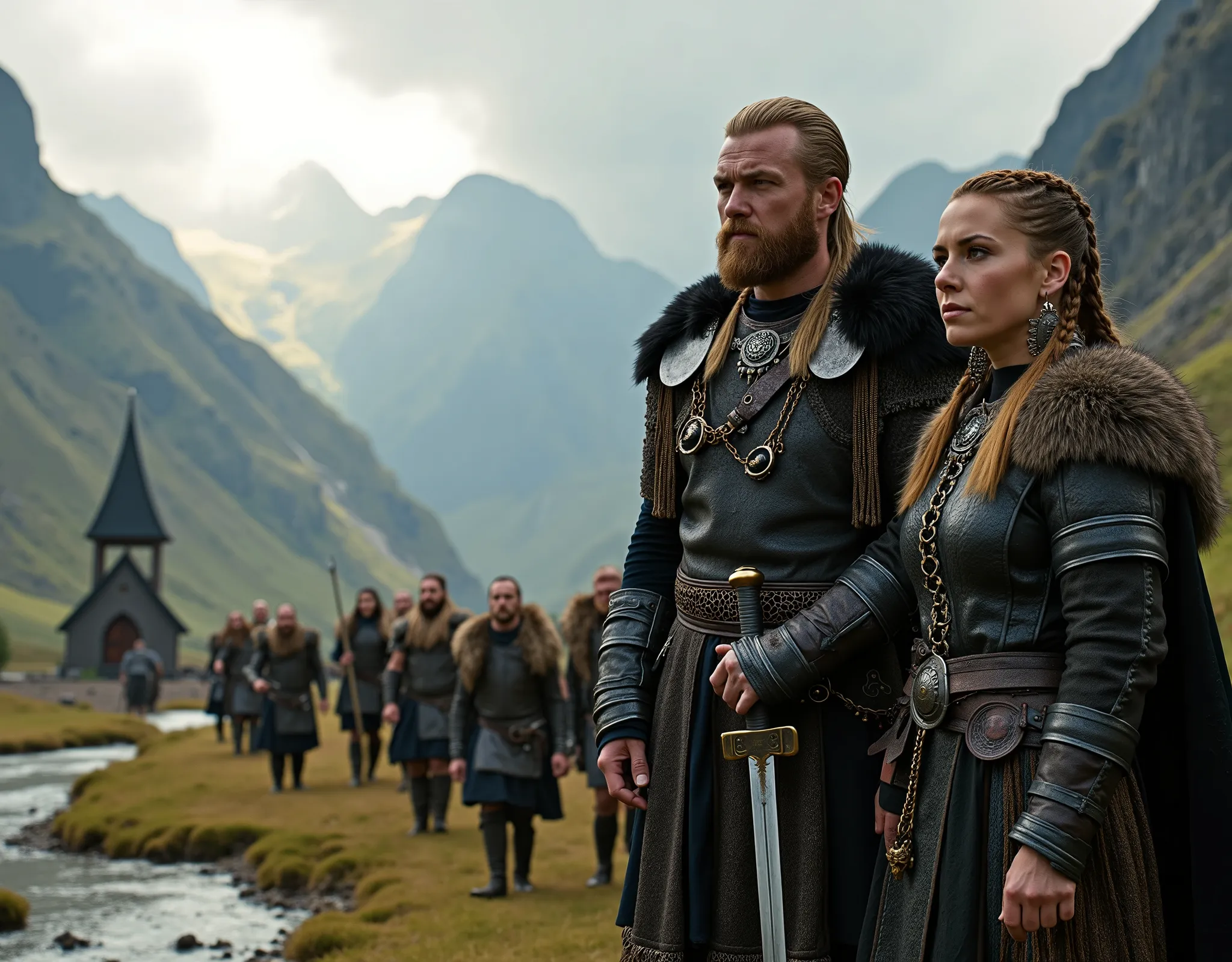 Steep and dramatic mountains are towering in the background and are slightly obfuscated by low clouds as dawn breaks and sunrays pierce through the cloud cover. A stream snakes its way down the fjord valley, revealing an ornate stave-church on the far rive...