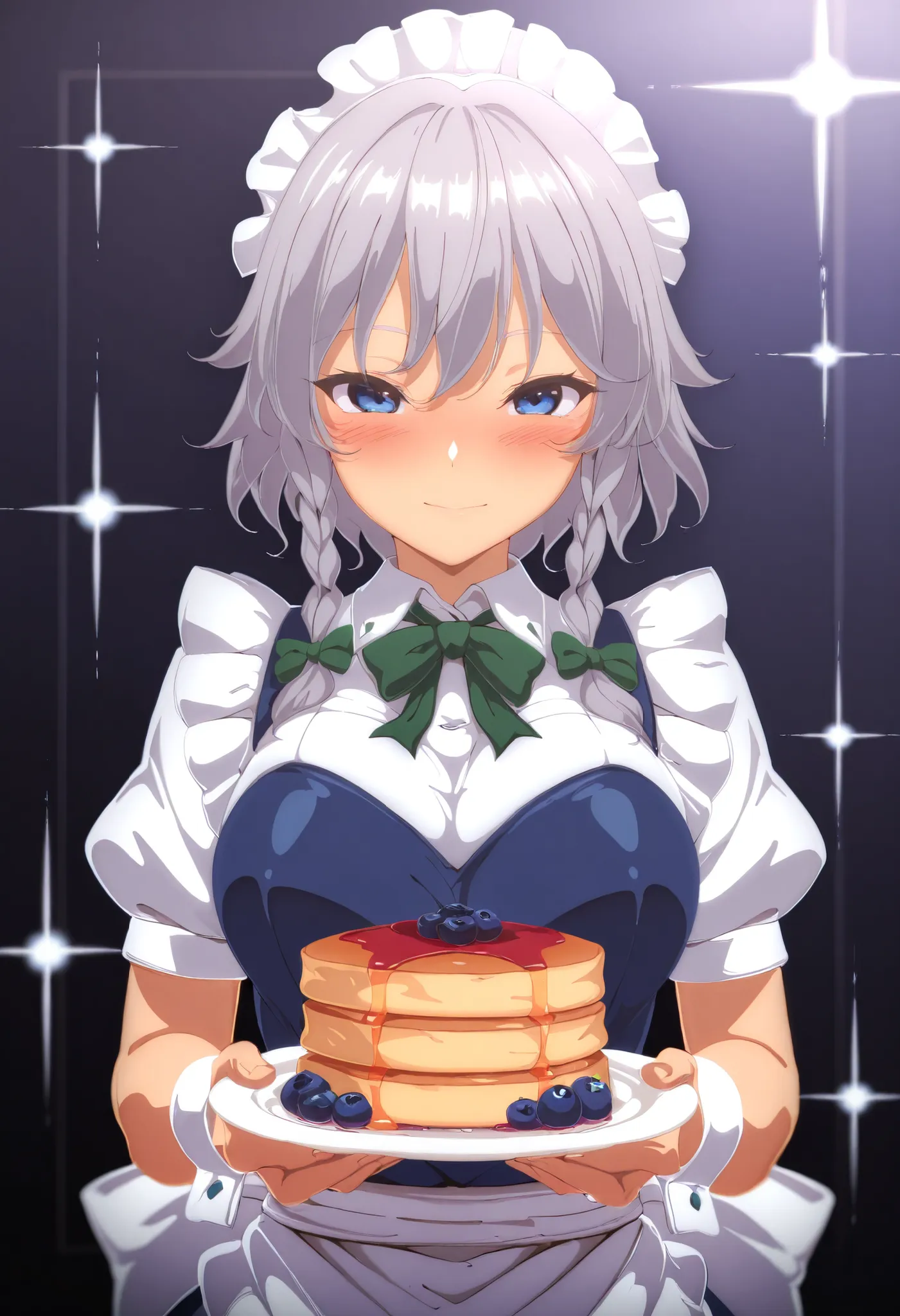 (masterpiece, best quality, high quality, highres, ultra-detailed), 1girl, izayoi sakuya, 1girl, solo, grey hair, blue eyes, short hair, side braids, twin braids, braid, breasts, hair bow, green bow, maid headdress, wrist cuffs, waist apron, white apron, b...