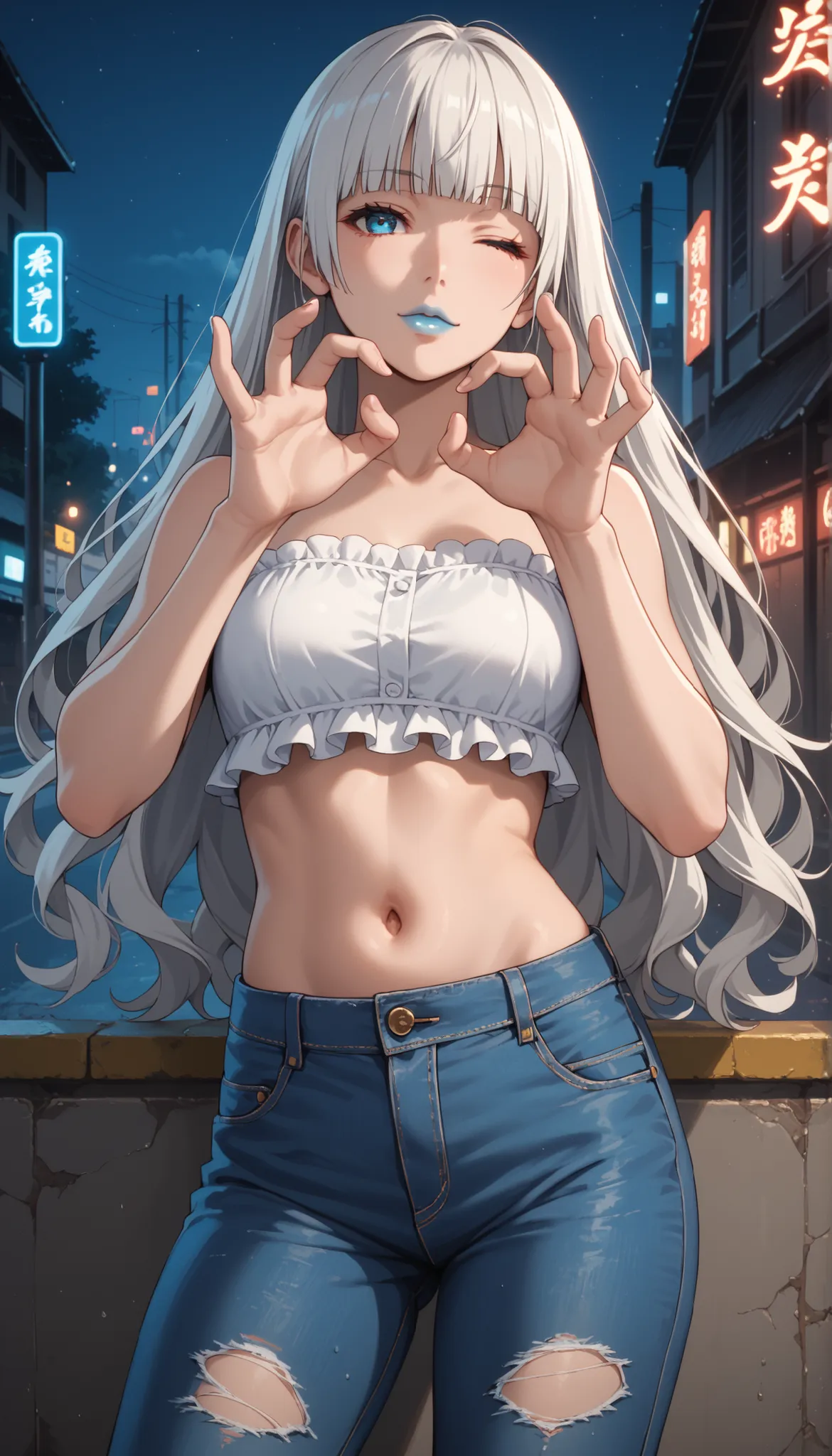 Score_9, score_8_up, score_7_up, score_6_up, source_anime, rating:general, 1girl, kirari momobami, white hair, long flowing hair, hime cut, blunt bangs, blue eyes, Sanpaku eyes, pale skin, round face, cute face, slender build, medium sized breasts, thick t...