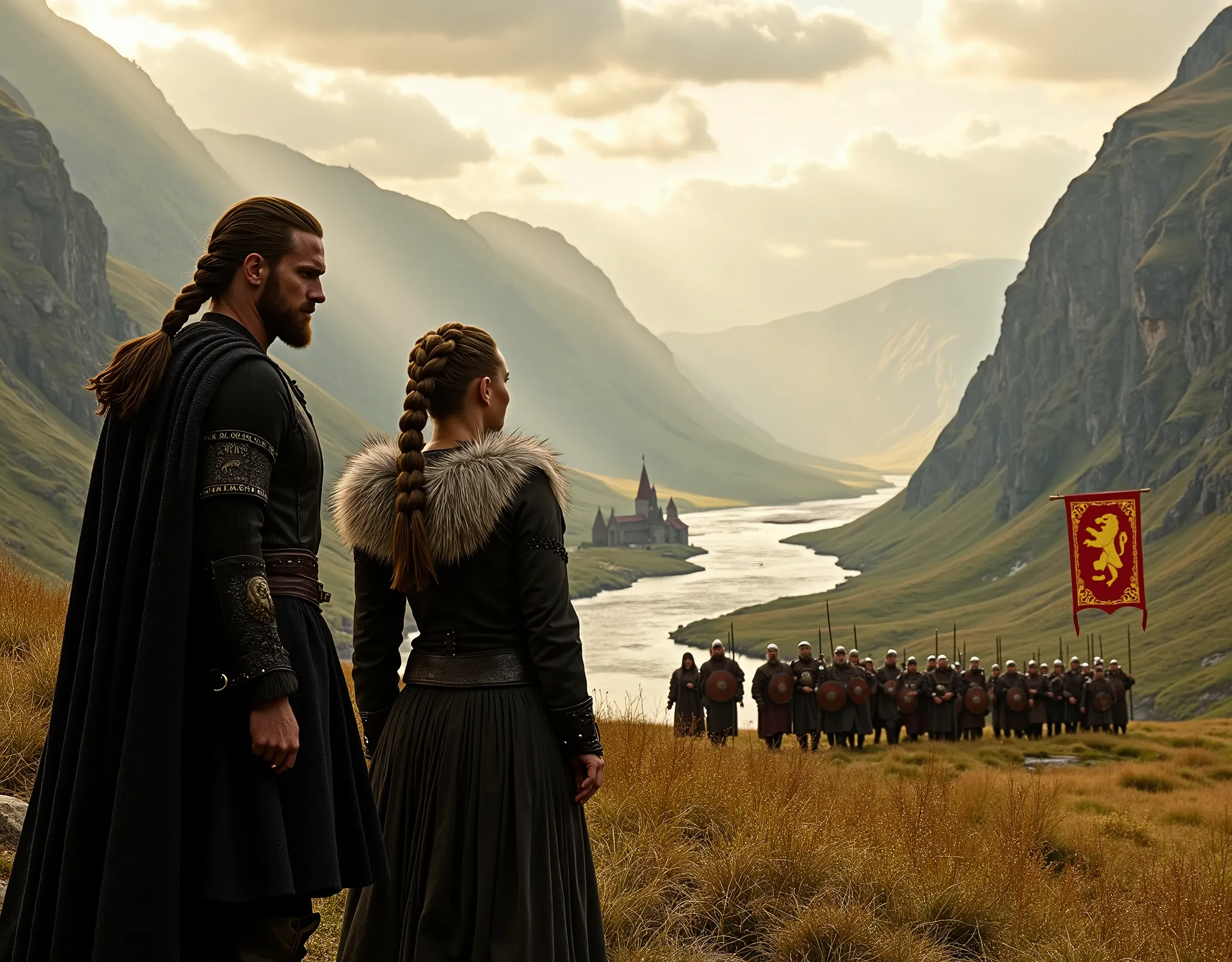 Steep and dramatic mountains are towering in the background and are slightly obfuscated by low clouds as dawn breaks and sunrays pierce through the cloud cover. A stream snakes its way down the fjord valley, revealing an ornate stave-church on the far rive...